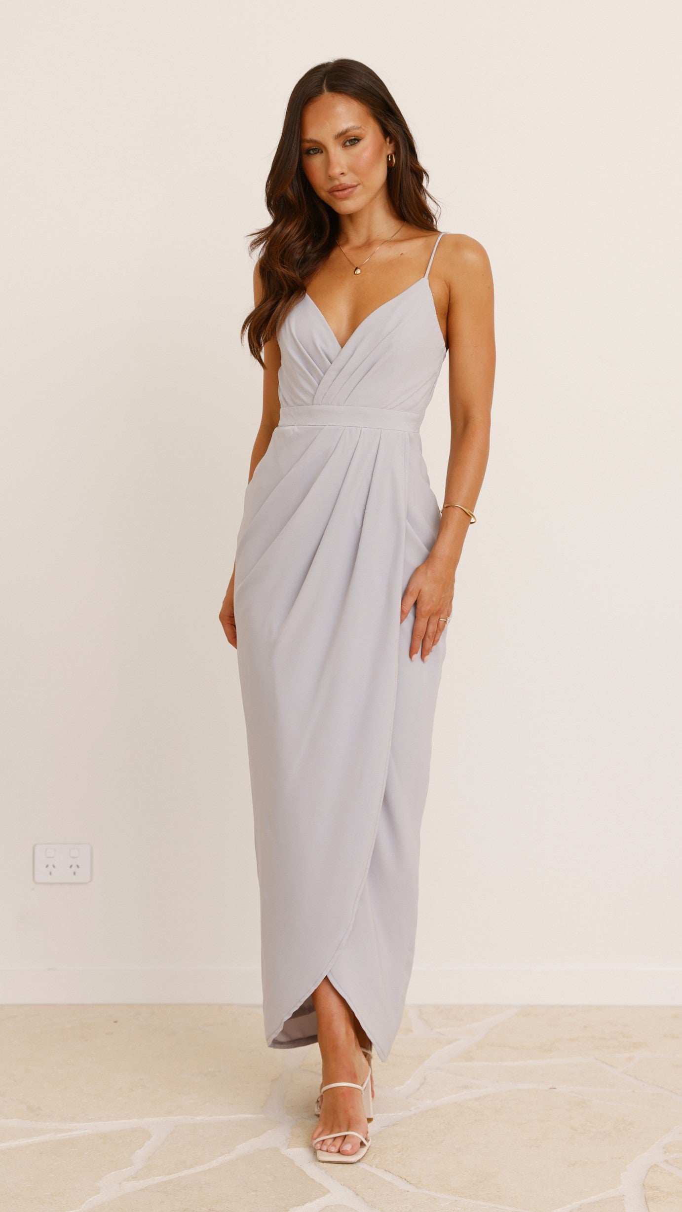 Charlotte Draped Maxi Dress - Light Grey Flowy Long Evening Gown for Women | Perfect for Weddings, Parties & Special Occasions