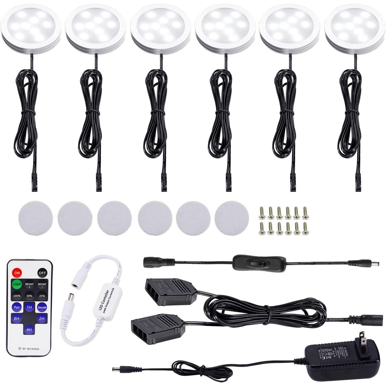 AIBOO 12V LED Under Cabinet Lighting Kit - 6 Pack Black Cord Aluminum Puck Lights with Wireless Dimmable RF Remote Control - 6000K Daylight White for Kitchen Counter, Closet & Shelf Lighting - Energy Efficient 12W LED Lights for Home & Office Use
