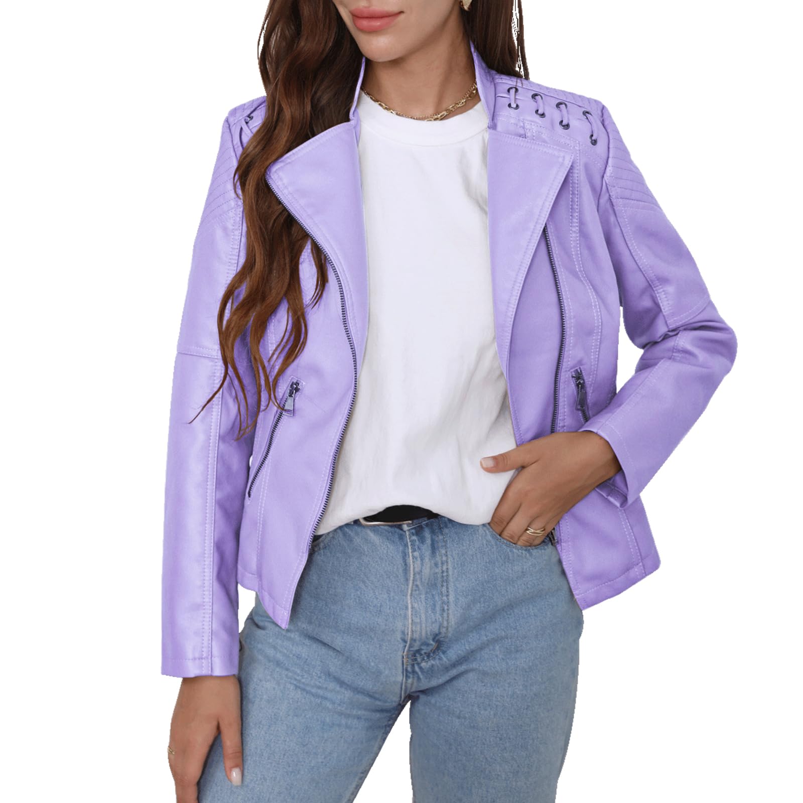 FWAY Women's Faux Leather Jacket - Moto Biker Zipper Short Outerwear for Winter with Shearling Lining | Stylish Cardigan Jacket for Casual Wear, Night Out & Motorcycle Riding