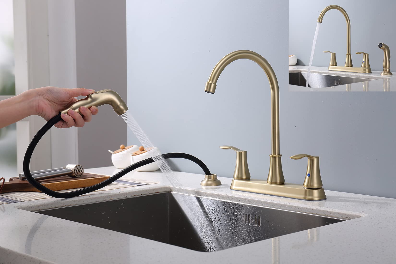 Delle Rosa Brushed Gold Kitchen Faucet with Pull-Out Sprayer - 8 Inch Centerset 2-Handle High Arc Stainless Steel Sink Faucet for Modern Kitchens | Perfect for Washing Dishes, Filling Pots & Cleaning Countertops