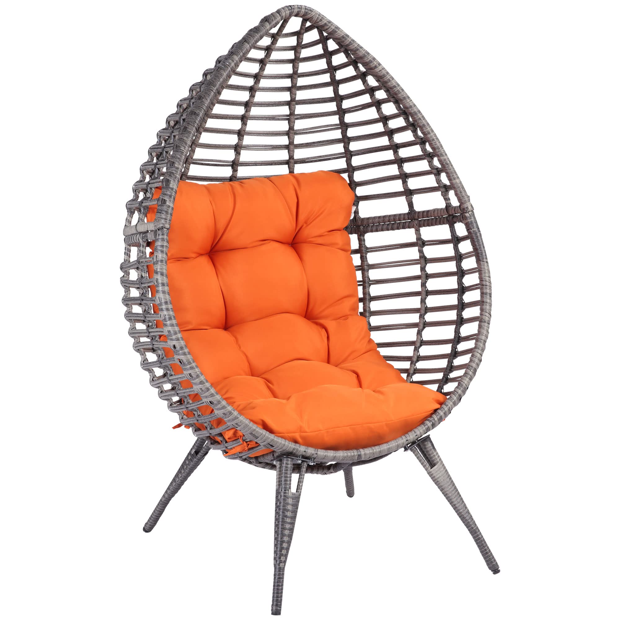 Outsunny Orange PE Rattan Egg Chair with Soft Cushion - Adjustable Height Teardrop Patio Chair for Indoor/Outdoor Use - Perfect for Backyard, Garden, Balcony & Sunroom Relaxation