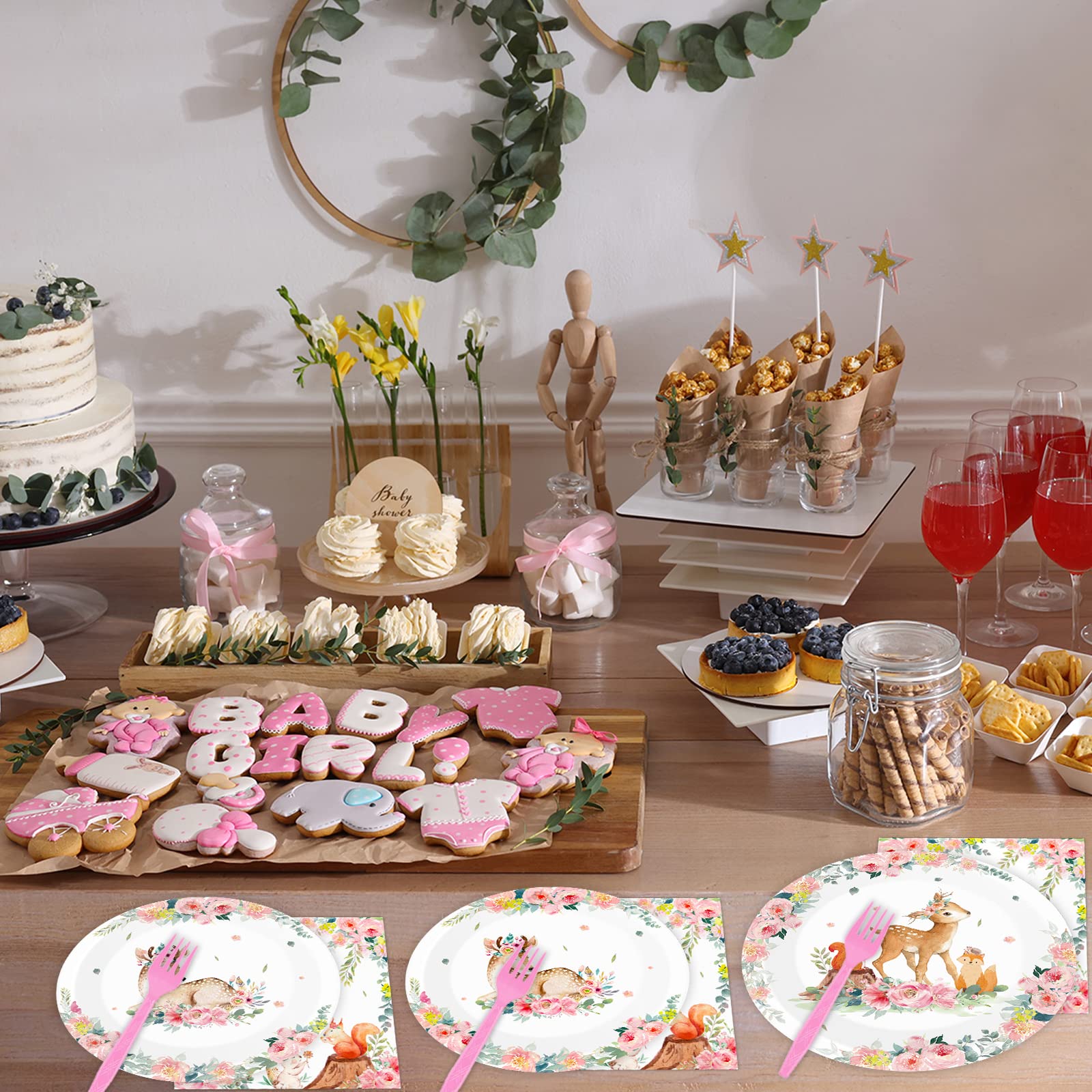 96PCS Pink Woodland Baby Shower Tableware Set - Disposable Plates, Napkins & Forks for Girls Safari Party - Forest Animal Deer Flower Theme Dinnerware for 24 Guests - Perfect for Baby Showers, Birthday Parties & Gender Reveals