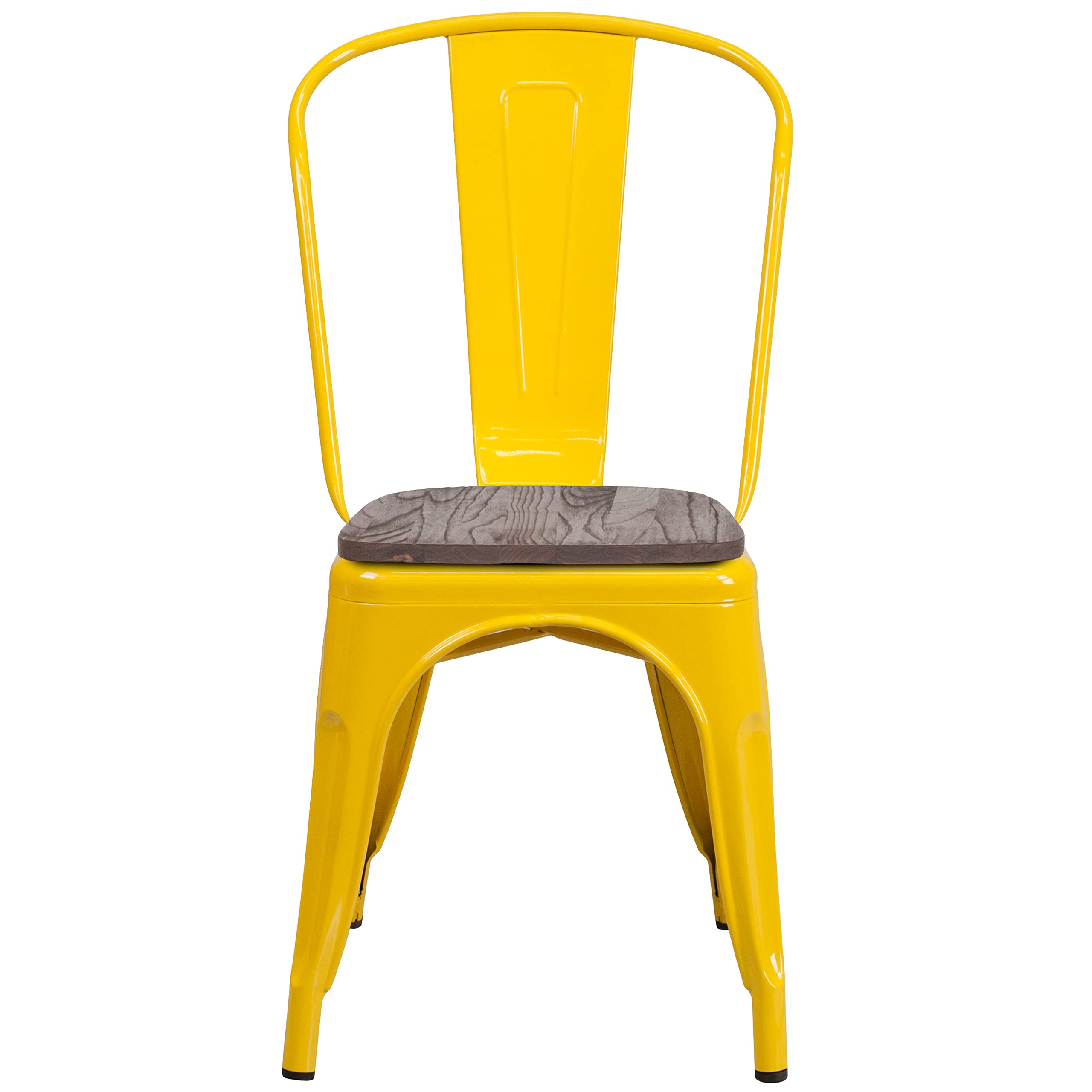 4 Pack Yellow Metal Stackable Chairs with Wood Seat - Commercial Restaurant & Bistro Chairs for Indoor/Outdoor Dining, Cafes, and Events