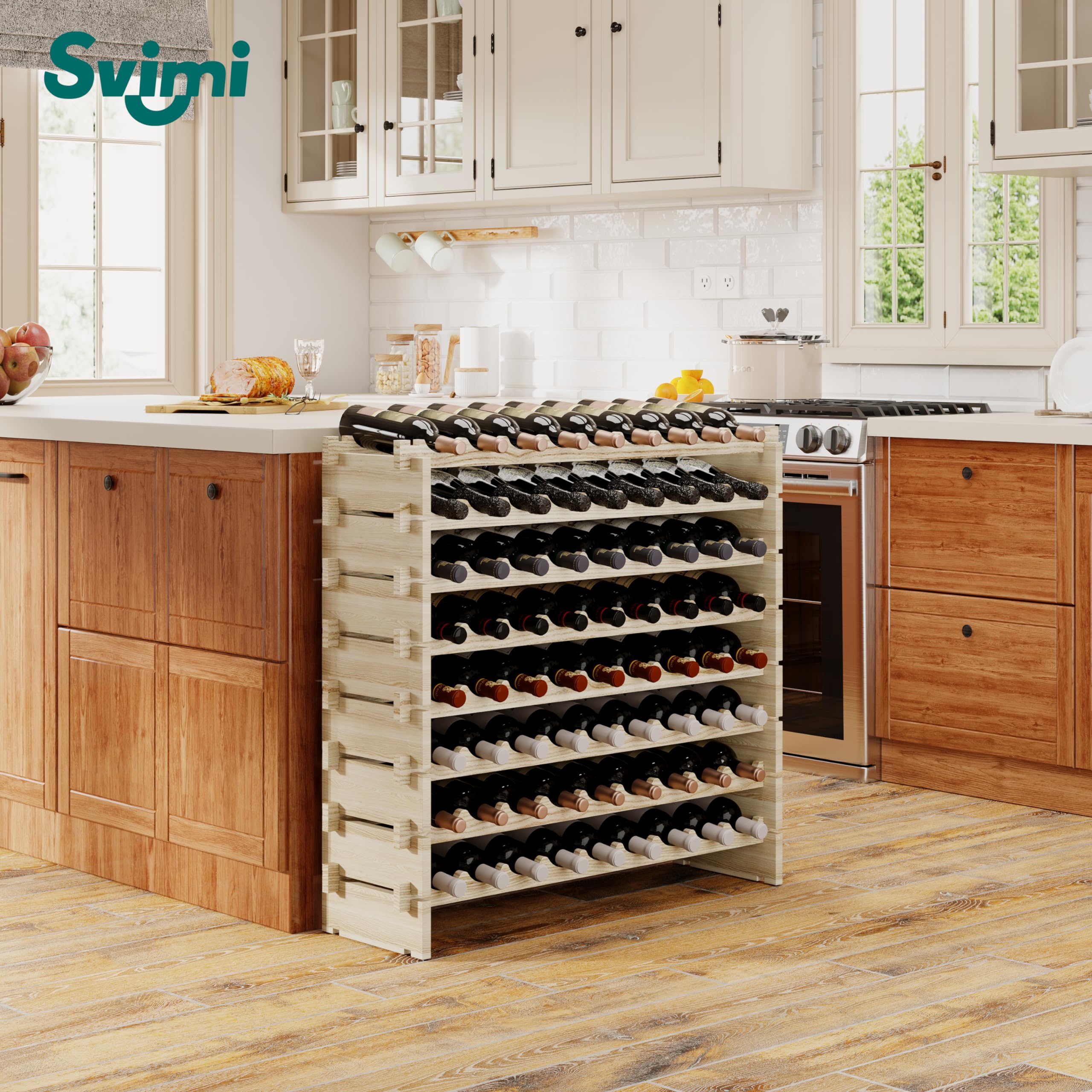Premium Modular Real Wood Wine Storage Rack - Stackable 8-Tier Free Standing Floor Wine Rack Holds 72 Bottles | Elegant Wine Display & Organization for Kitchen, Dining Room & Wine Cellar | Perfect for Home Bars, Restaurants & Wine Collectors