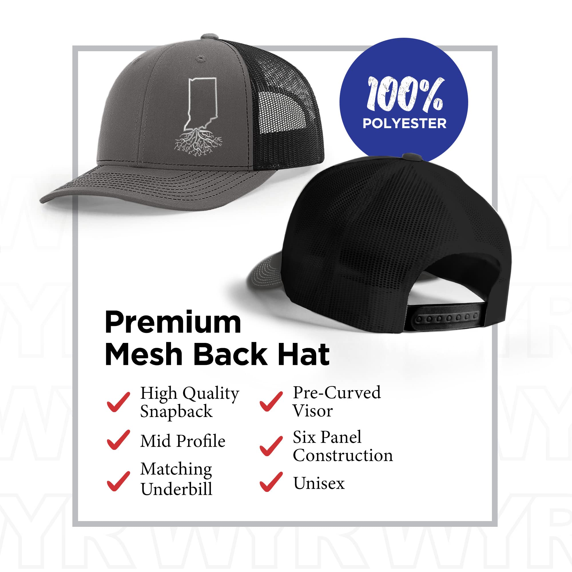 Stylish Indiana Roots Snapback Hat for Men & Women - Breathable Polyester Cotton Baseball Cap with Mesh Back, Six-Panel Trucker Design, Universal Size (Charcoal/Black) - Perfect for Outdoor Activities, Sports & Casual Wear