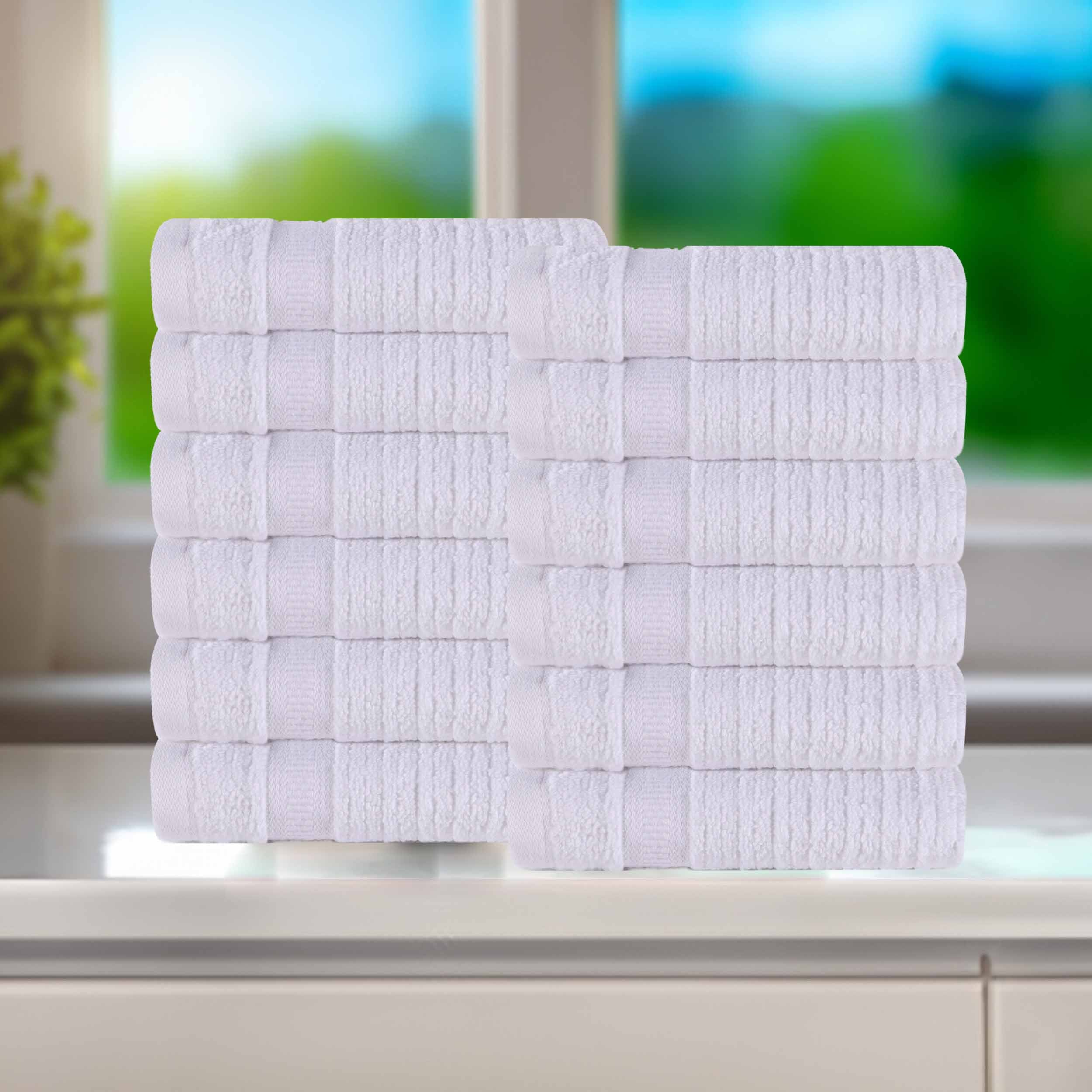 12-Pack Zero Twist Cotton Ribbed Geometric Border Plush Face Towels | Ultra Soft Bath & Hand Towels for Spa, Gym, Travel & Home Use