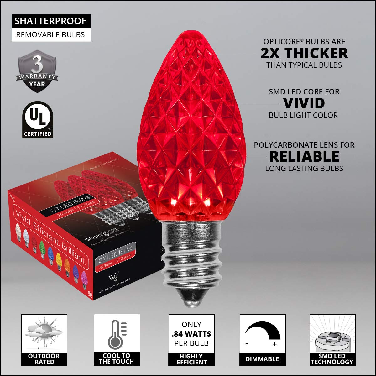 50’ OptiCore LED C7 Red Christmas Pathway Lights for Outdoor Decor