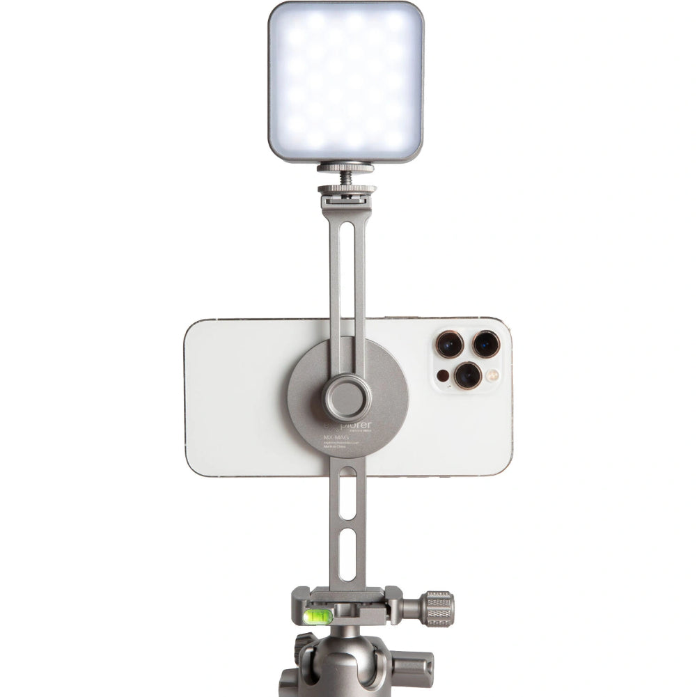 Explorer MX KIT Magnetic Phone Tripod Mount - Compatible with MagSafe iPhones, Includes Adjustable Tabletop Tripod & LED Light for Vlogging, Live Streaming, and Content Creation