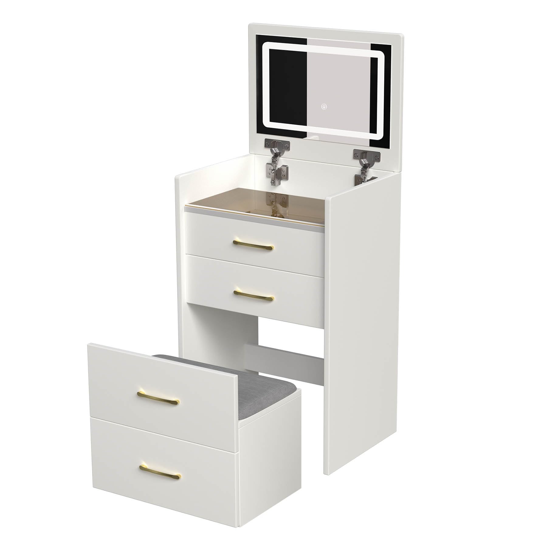 3 in 1 Compact Vanity Desk with Flip-Up Mirror & LED Lights - Small Makeup Table with 3 Drawers, Storage Stool & Glass Top - Multifunctional Dressing Table for Bedroom, Bathroom or Dorm Room - White (Medium)