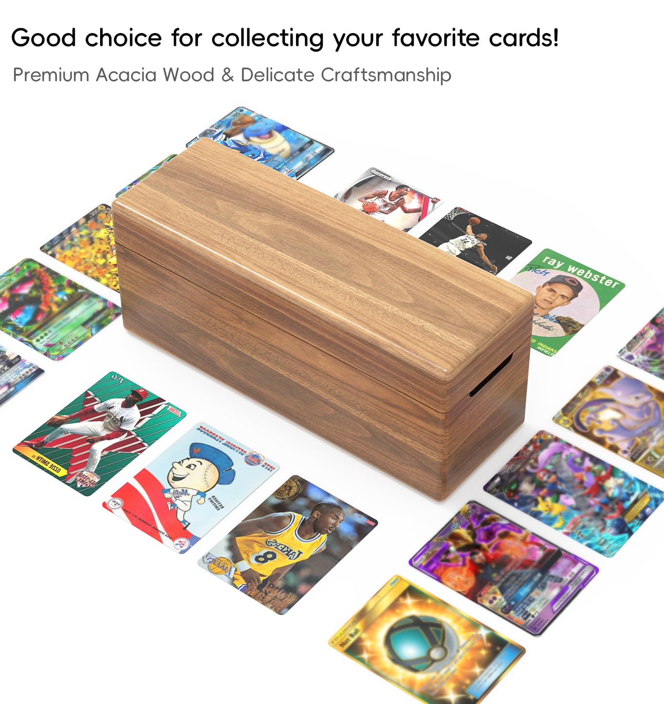 Premium Acacia Wood Trading Card Storage Box - Holds 600+ Single Sleeved PTCG/MTG Cards with 5 Compartments (3.5