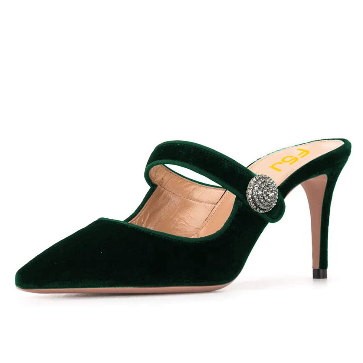 FSJ Women's Vintage Velvet Mule Slippers - Pointed Toe High Heel Slide Sandals with Rhinestone Studded Ankle Strap | Backless Dress Shoes for Women US Size 4-15 | Perfect for Parties, Weddings & Evening Events