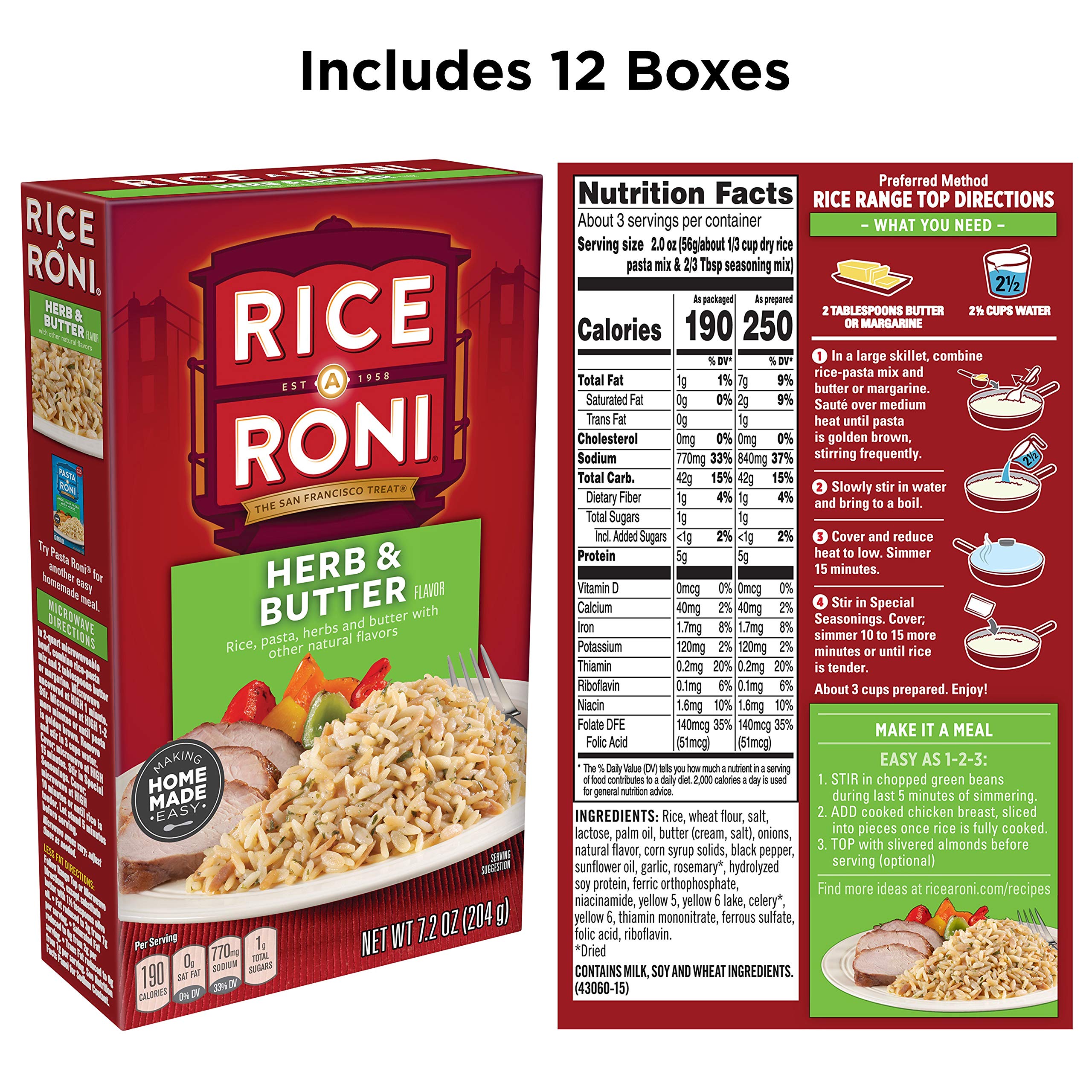 Rice-A-Roni Herb & Butter Flavor, 7.2-Ounce Box (Pack of 12) - Quick & Easy Side Dish for Family Dinners, Potlucks & Holiday Meals