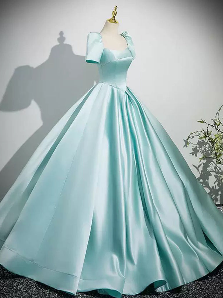 Elegant Mint Blue A-Line Puff Sleeve Satin Prom Dress - Long Formal Evening Gown for Homecoming, Ball, Wedding & Special Occasions