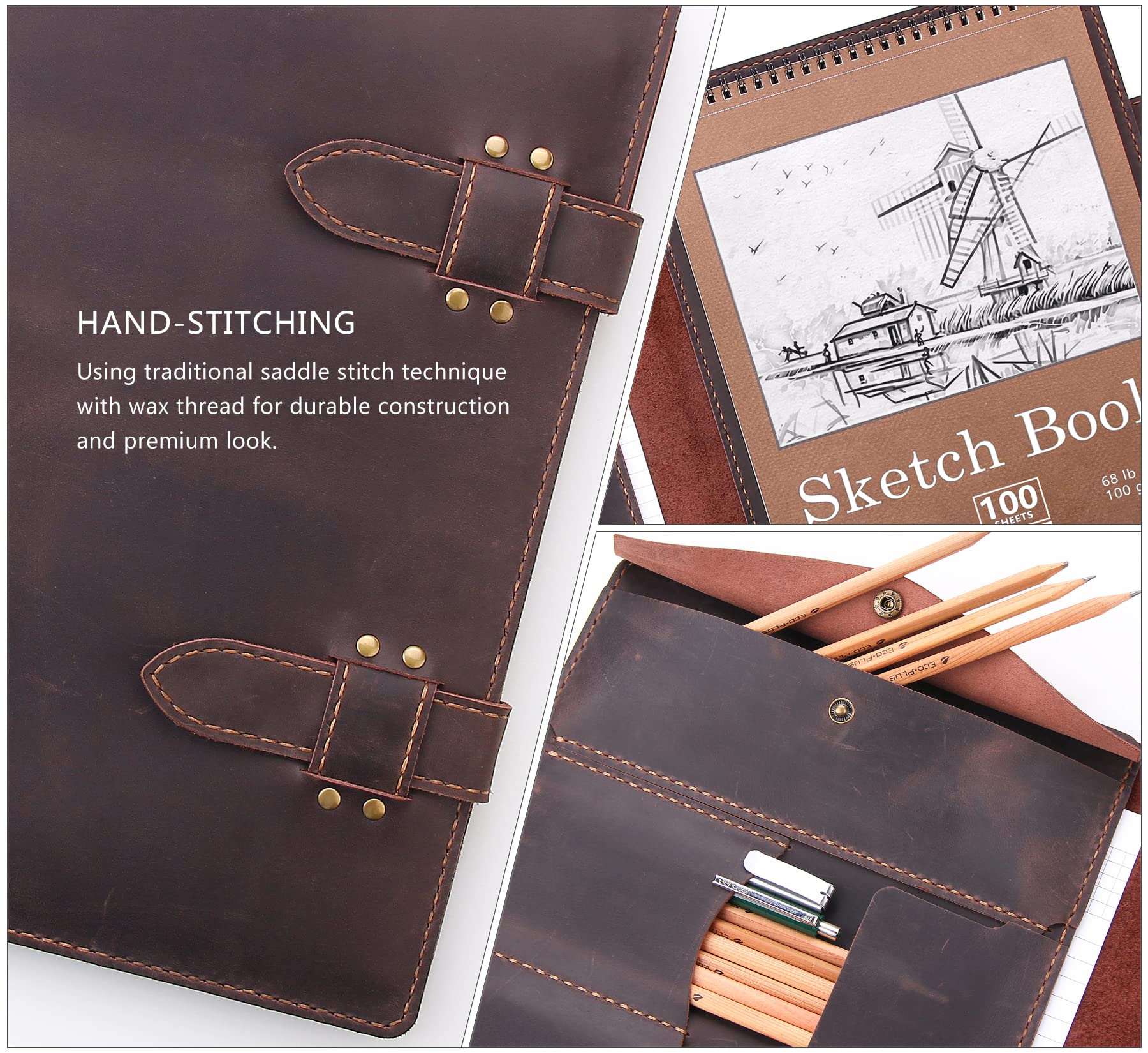 Robrasim Handmade Leather Sketchbook Cover - Premium Artist Sketch Pad Holder for 9