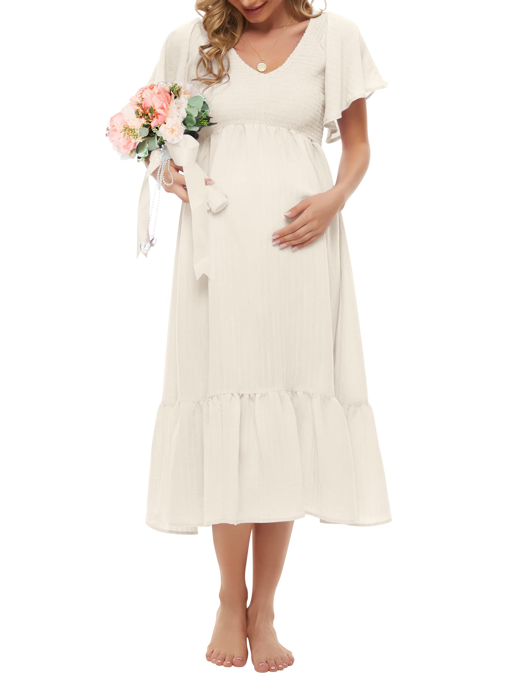 Boho Flutter Short Sleeve Maternity Dress - V-Neck Smocked Midi Dress for Baby Shower & Casual Wear (Sizes S-2XL) | Perfect for Pregnancy Photos, Bridal Showers & Summer Outfits