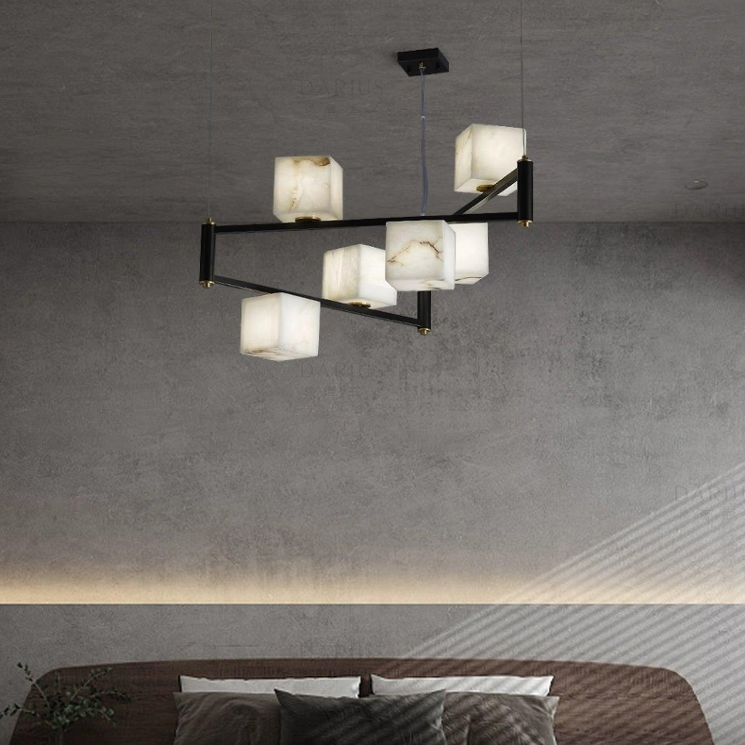Modern Alabaster Square Box Chandelier - Elegant Ceiling Light Fixture for Dining Room, Living Room & Bedroom Lighting