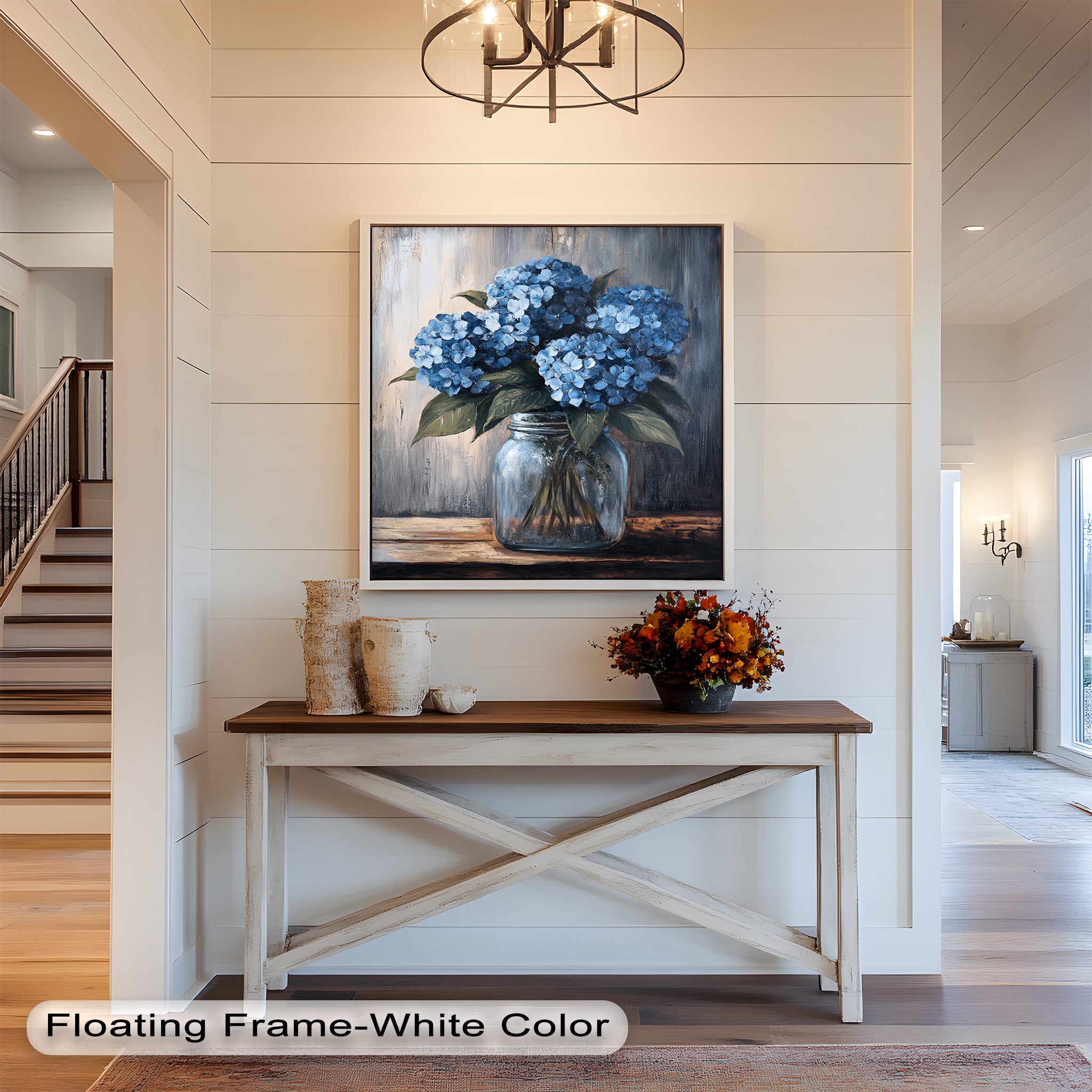 Blue Serenity Hydrangea Blooms in Mason Jar - Floral Oil Painting Wall Art for Home Decor, Living Room, Bedroom & Office | Handmade Canvas Artwork