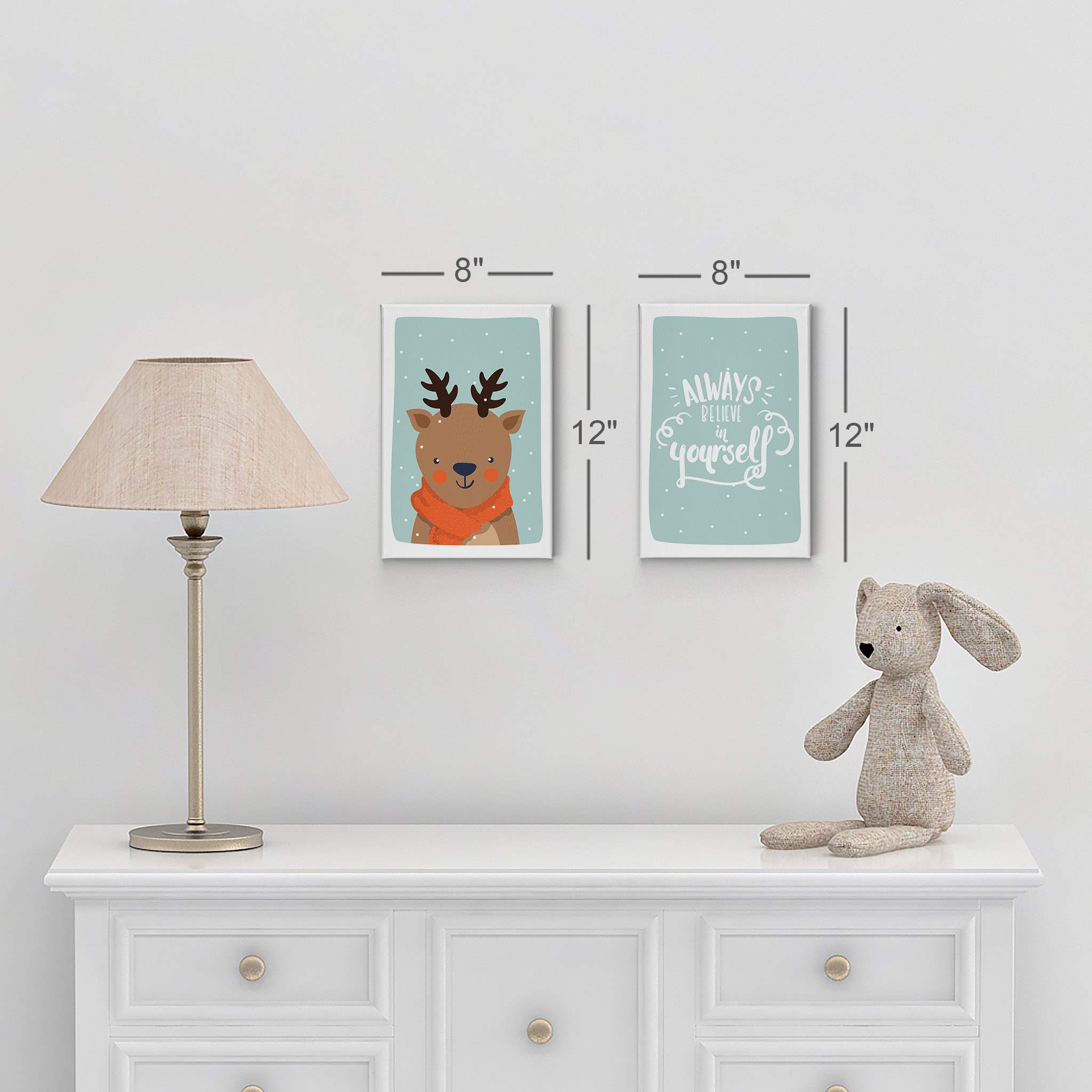 Smile Art Design Cute Deer Winter Theme Canvas Prints - 2 Piece Turquoise Background Wall Art Set (40x30 Inches) for Kids Room Decor, Nursery, Baby Boy & Girl Bedroom - Made in USA | Perfect for Christmas Gifts & Cozy Winter Home Decor
