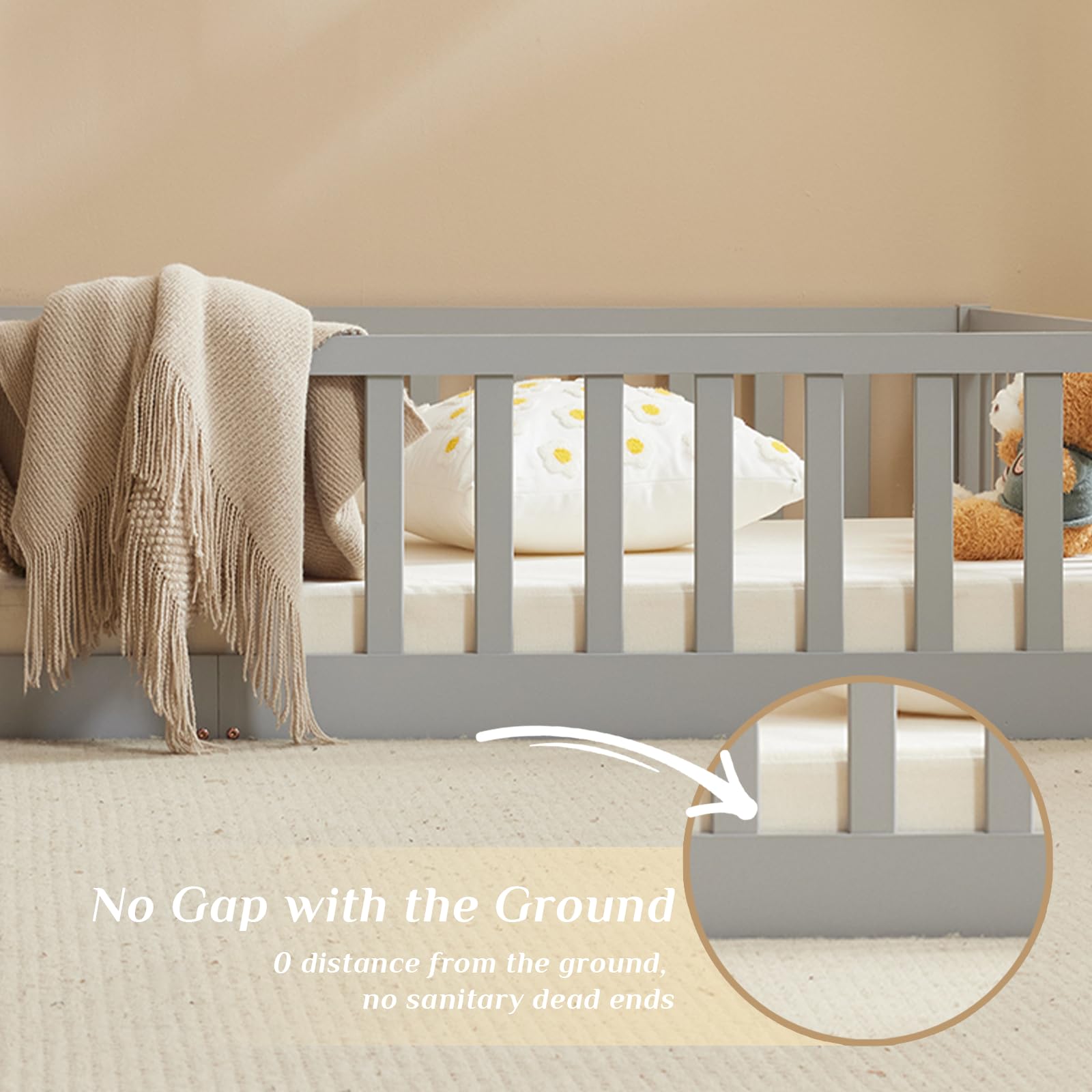 Montessori Toddler Floor Bed with Safety Guardrails & Door - Solid Wood Queen Bed Frame for Kids, Girls & Boys (Grey) | Safe Sleep Solution for Daycare, Nursery & Montessori Classroom