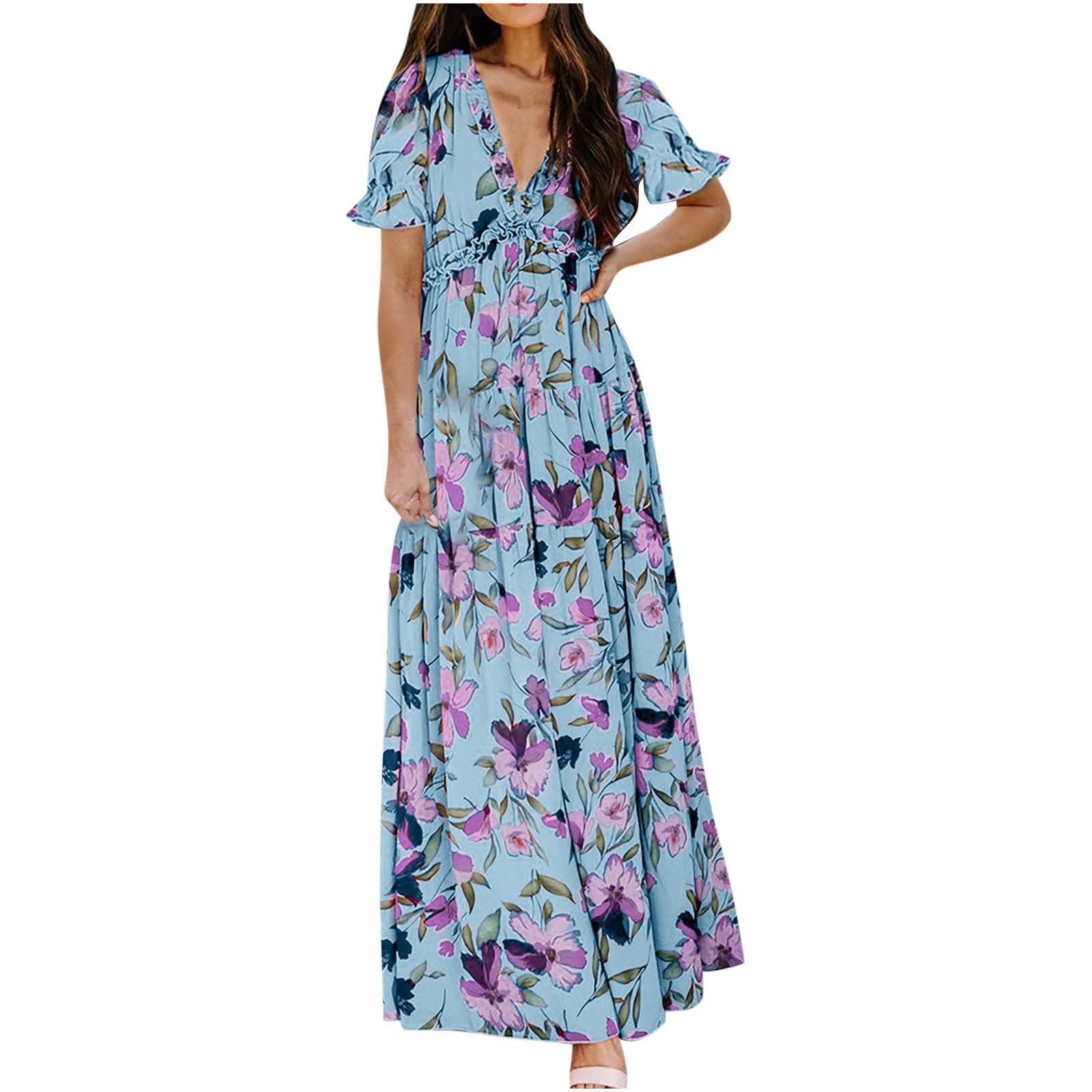 bmkBWO Maxi Dress for Women - Floral Printed Short Sleeve Summer Dress with V Neck, Loose Flowy Design for Casual Wear & Wedding Guest Outfits | Perfect for Beach Vacations, Date Nights & Summer Parties