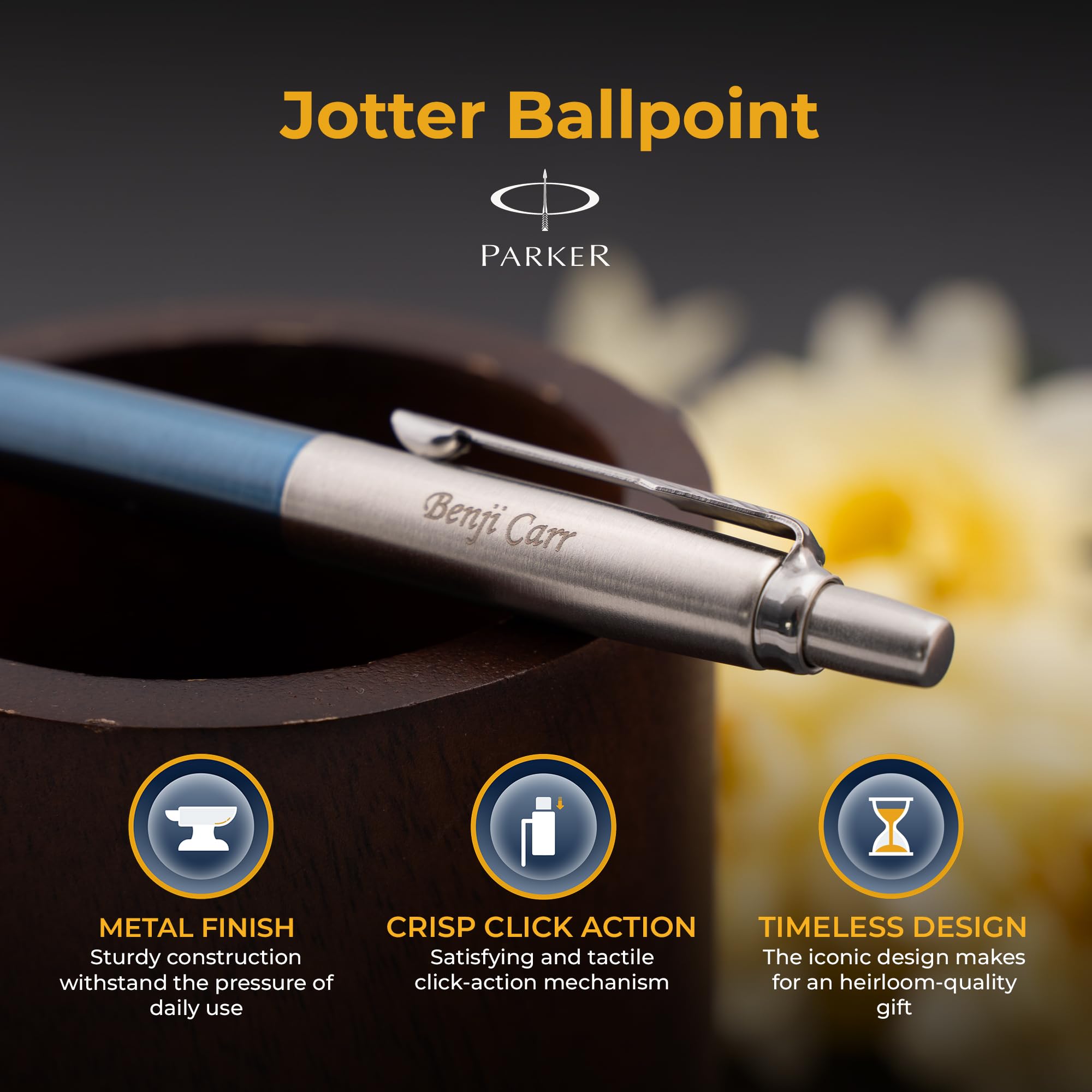 Personalized Engraved Parker Jotter Ballpoint Pen - Waterloo Blue with Black Ink Refill | Premium Gift for Graduation, Office & Business Professionals | Smooth Writing for Everyday Use, Meetings & Note Taking