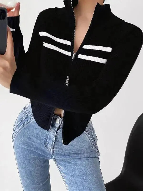 Stylish Striped Zipper Cardigan Sweater for Women - Cozy Fall & Winter Fashion - Perfect for Office, Casual Outings & Layering
