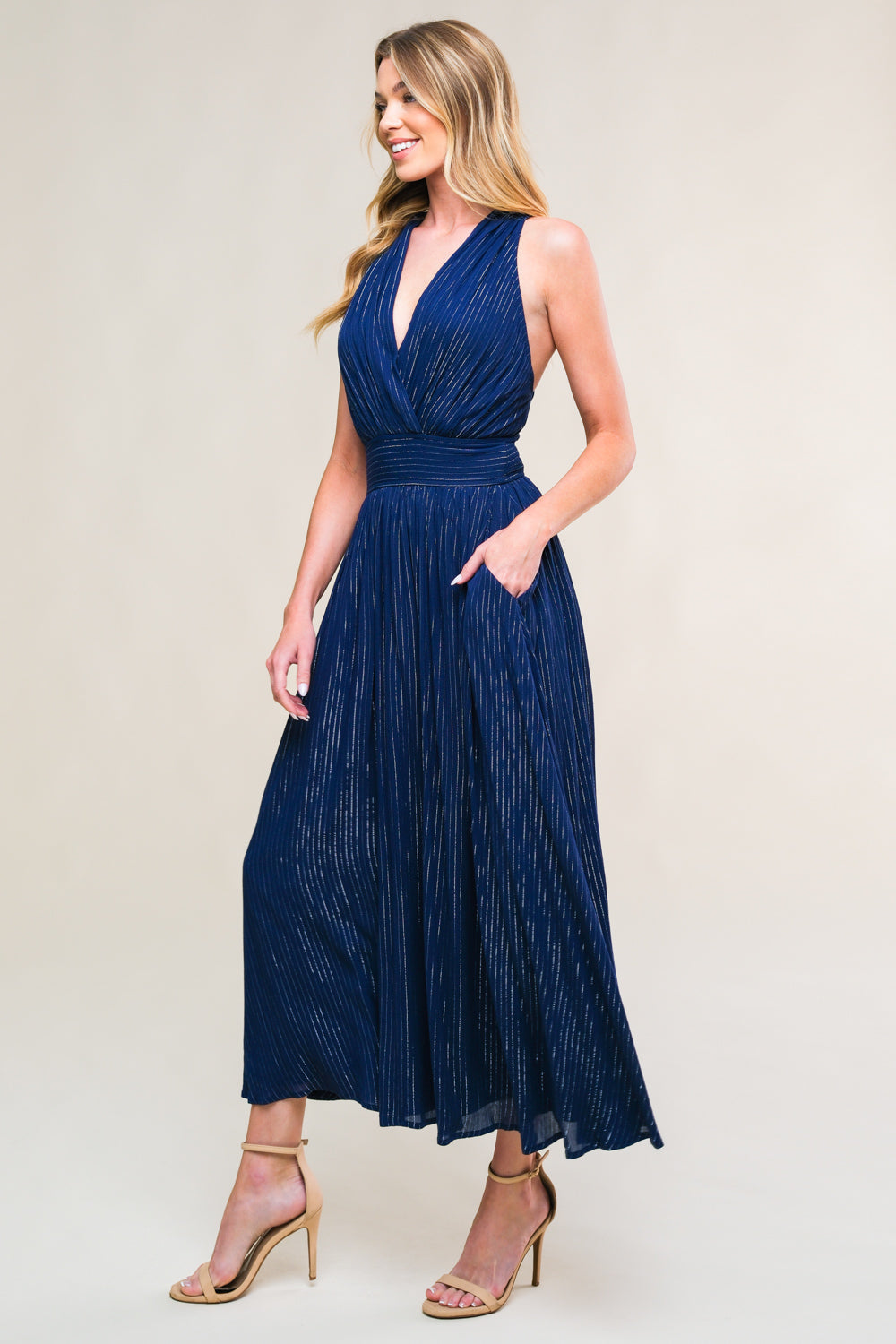 Enchanted Garden Navy Blue Midi Dress - Elegant Floral Print for Casual Outings & Summer Parties
