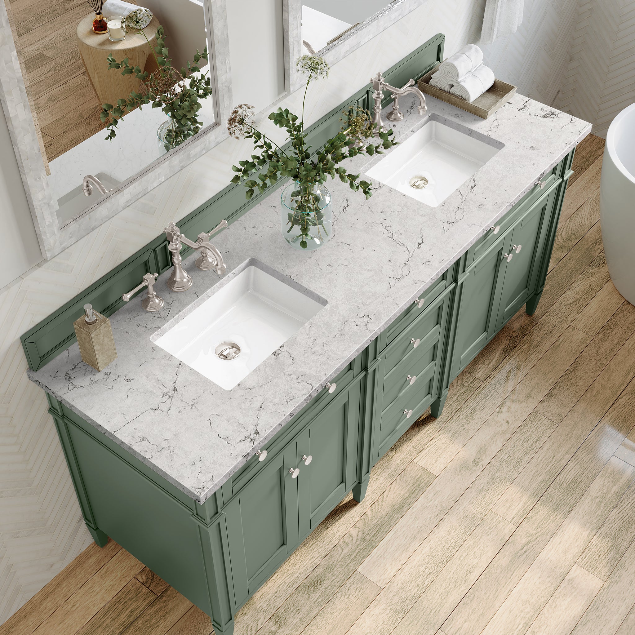 Brittany 72-Inch Double Vanity with Smokey Celadon Finish & 3CM Eternal Jasmine Pearl Countertop - Perfect for Master Bathroom Remodeling and Luxury Home Decor