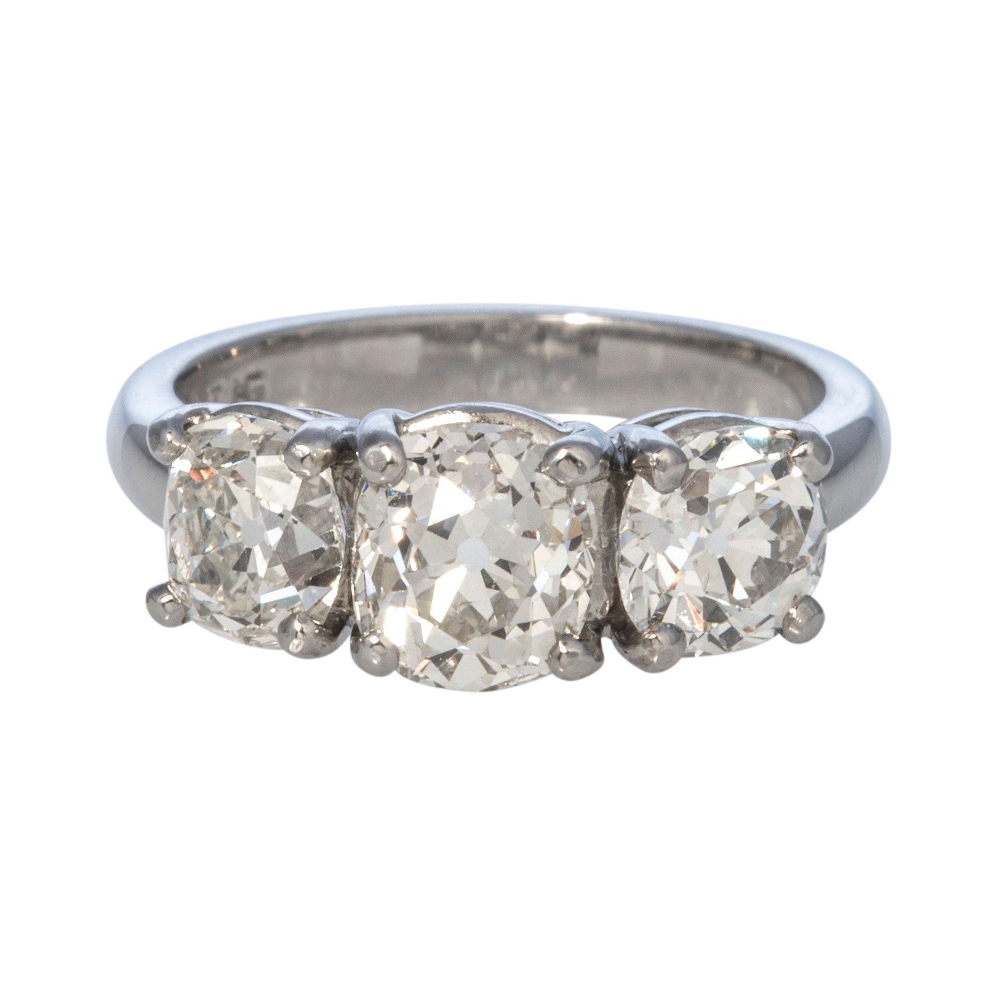 Vintage 3.30ctw Old Mine Cut Diamond Three Stone Platinum Ring - Elegant Antique Jewelry for Engagement, Wedding & Anniversary Gifts