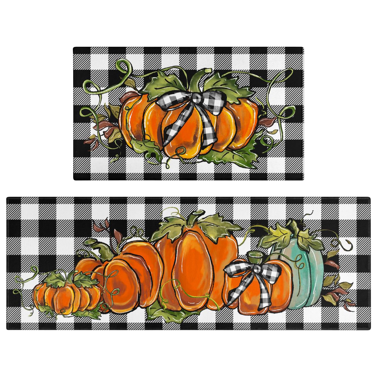 Faptoena Fall Pumpkin Kitchen Rugs Set of 2 - Non-Slip Washable Buffalo Plaid Thanksgiving Mats for Farmhouse Decor (17x47 + 17x30) - Perfect for Autumn Kitchen Flooring and Cozy Home Decorations