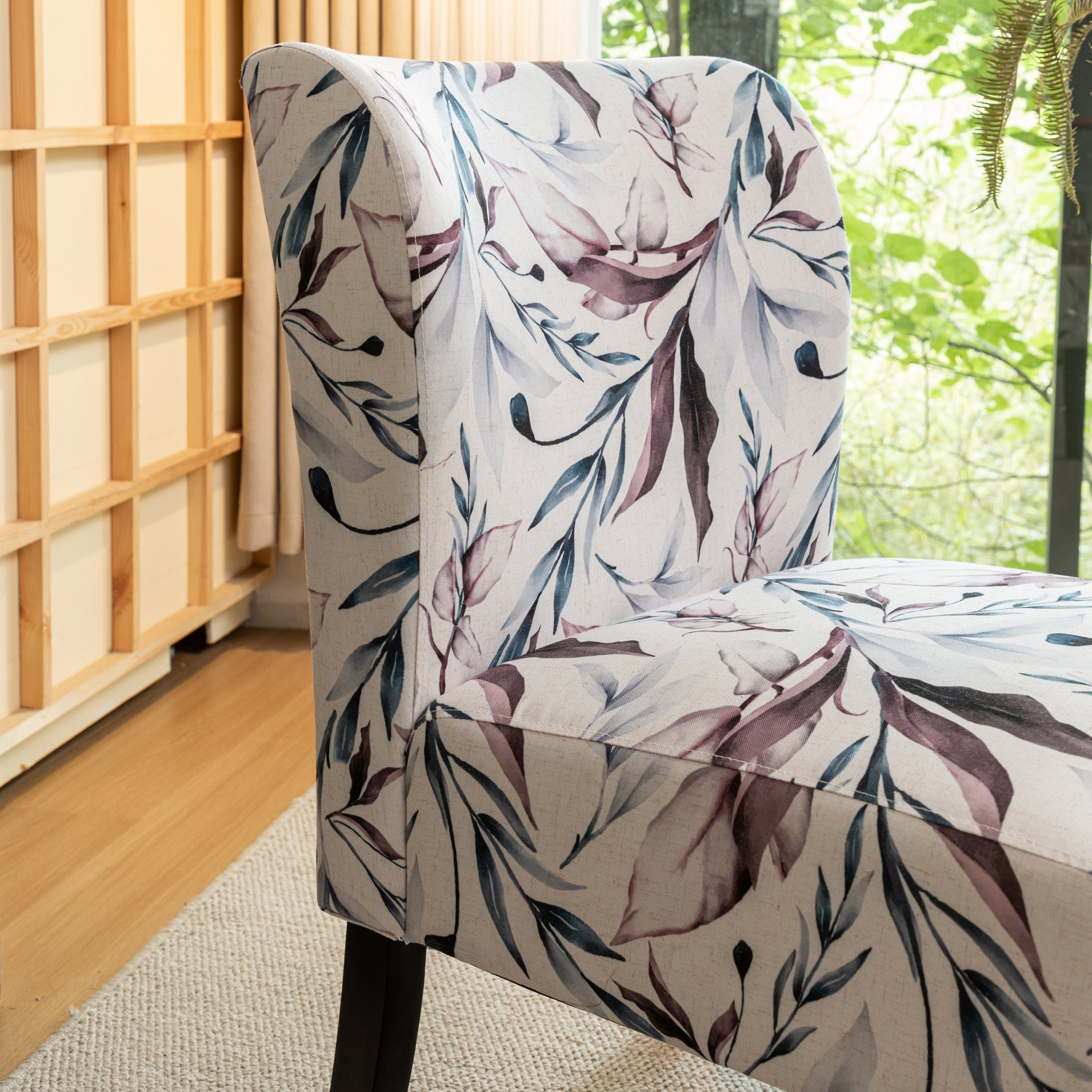 Roundhill Furniture Capa Fabric Armless Contemporary Accent Chair - Purple Floral Design, Modern Living Room Decor, Perfect for Reading Nook or Bedroom Sitting Area