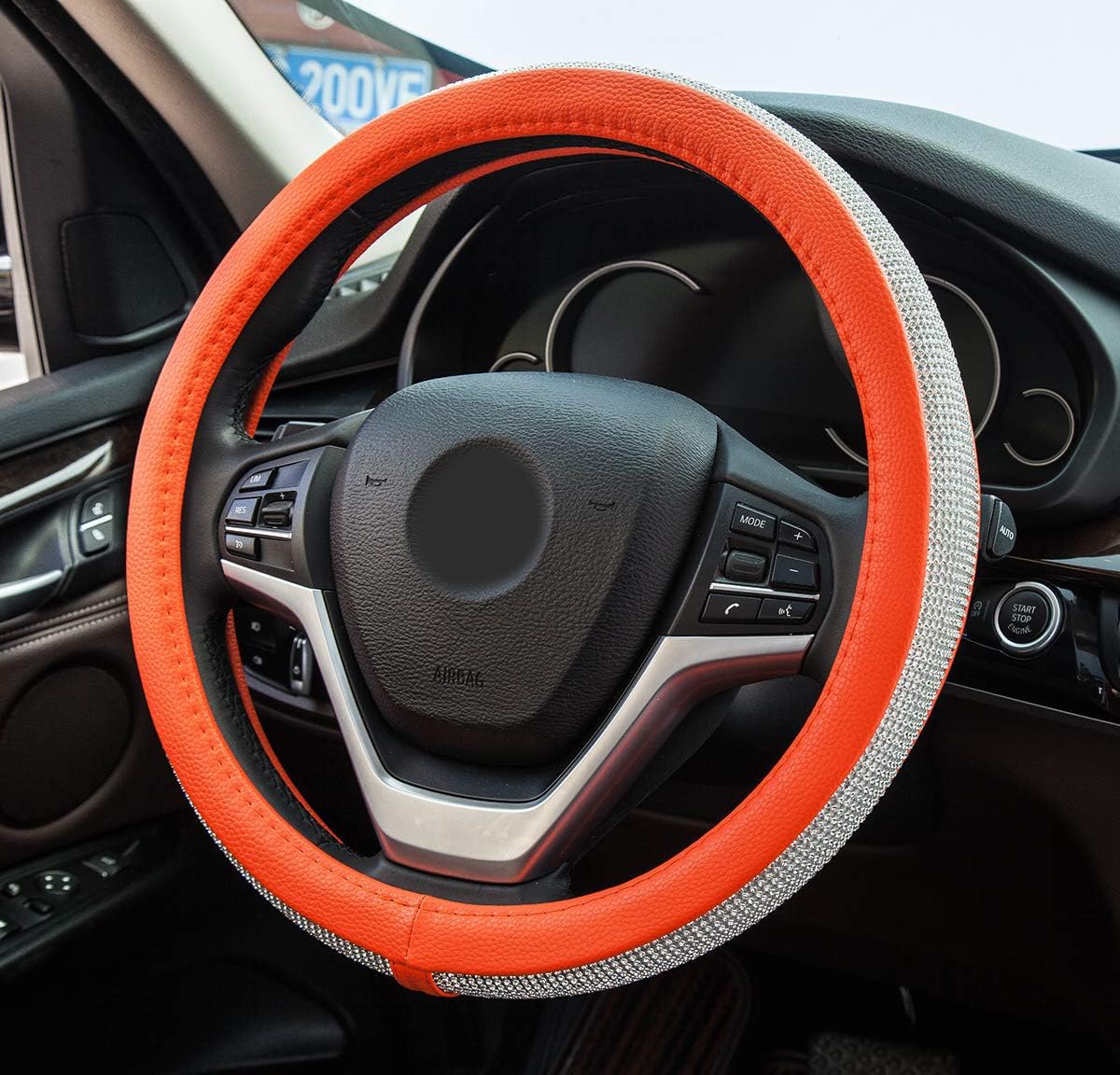 Diamond Leather Steering Wheel Cover with Bling Crystal Rhinestones - Universal Fit 15 Inch Car Wheel Protector for Women & Girls - Orange Luxury Car Accessory for Daily Driving & Gift Giving