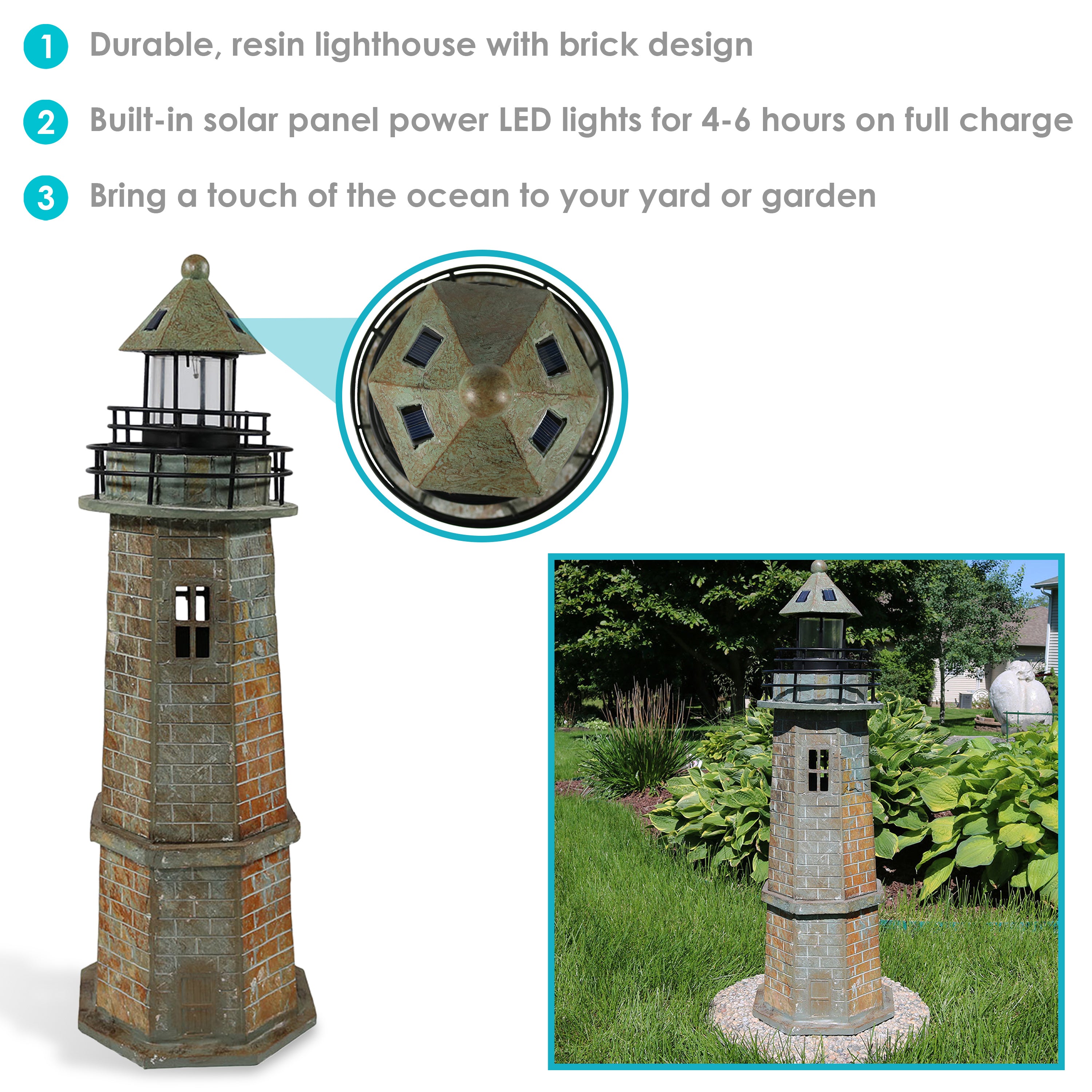 Sunnydaze Brick Solar LED Lighthouse - Outdoor Solar Powered Decorative Light for Garden, Yard, Pathway, and Patio Lighting