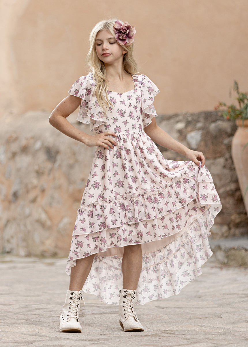 Dimia Women's Lilac Ditsy Floral Dress - Elegant Flowy Midi Dress with Short Sleeves for Spring Summer, Wedding Guest, Date Night & Special Occasions