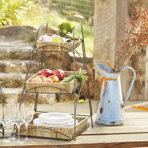 Lucky Clover Tristan Triple Tiered Square Display Stand with Handwoven Seagrass Baskets - Rustic Home Decor for Bathroom, Kitchen, or Living Room Organization