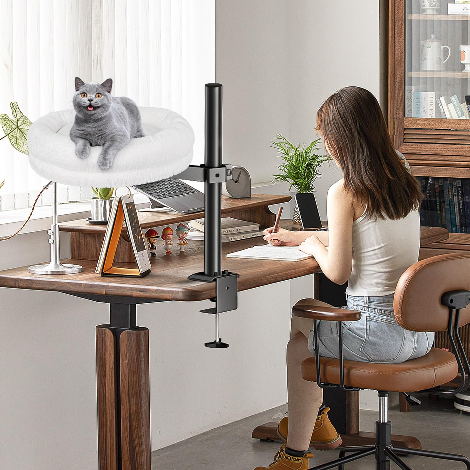360° Rotating Adjustable Height Cat Desk Bed - Soft Comfortable Cat Perch Supports Up to 50 lbs, Round Cat Hammock for Office & Home Workspace (White) - Perfect for Napping While You Work