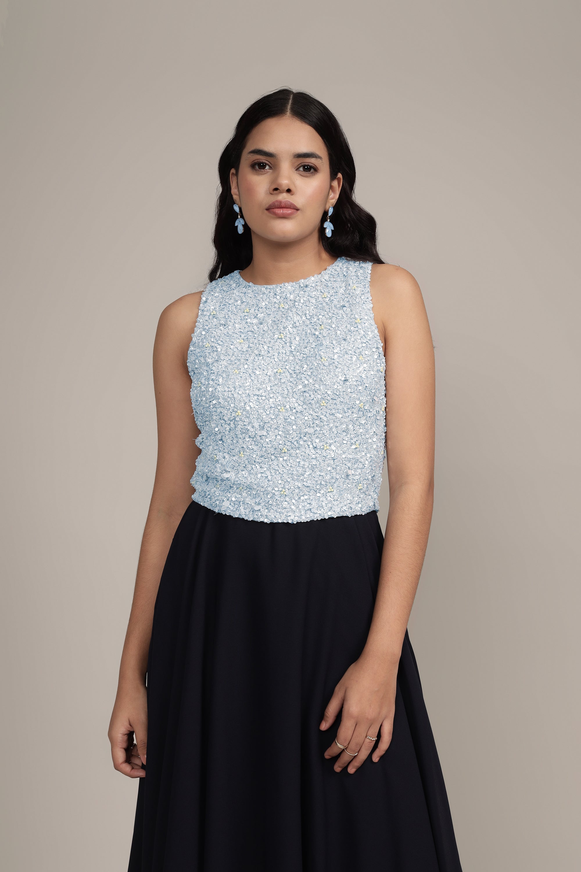 Light Blue Embellished Picasso Top for Women | Elegant Blouse for Casual Wear, Office & Special Occasions