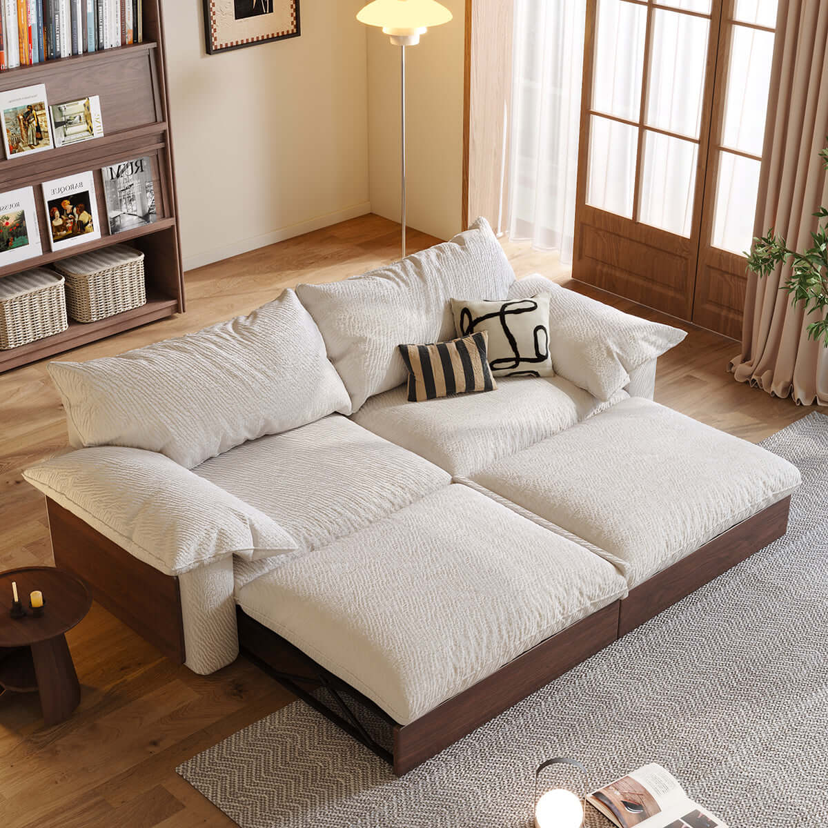 Modern Japandi Pull Out Sofa Bed - 3 Fabric Choices for Living Room, Guest Room & Small Spaces | Comfortable Convertible Sleeper for Home & Office Use
