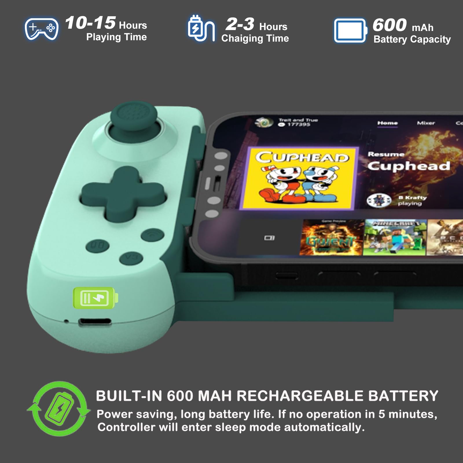 Wireless Gamepad for iPhone Android PC - 6-Axis Gyro & Dual Motors - Green - Perfect for Cloud Gaming & Console Streaming