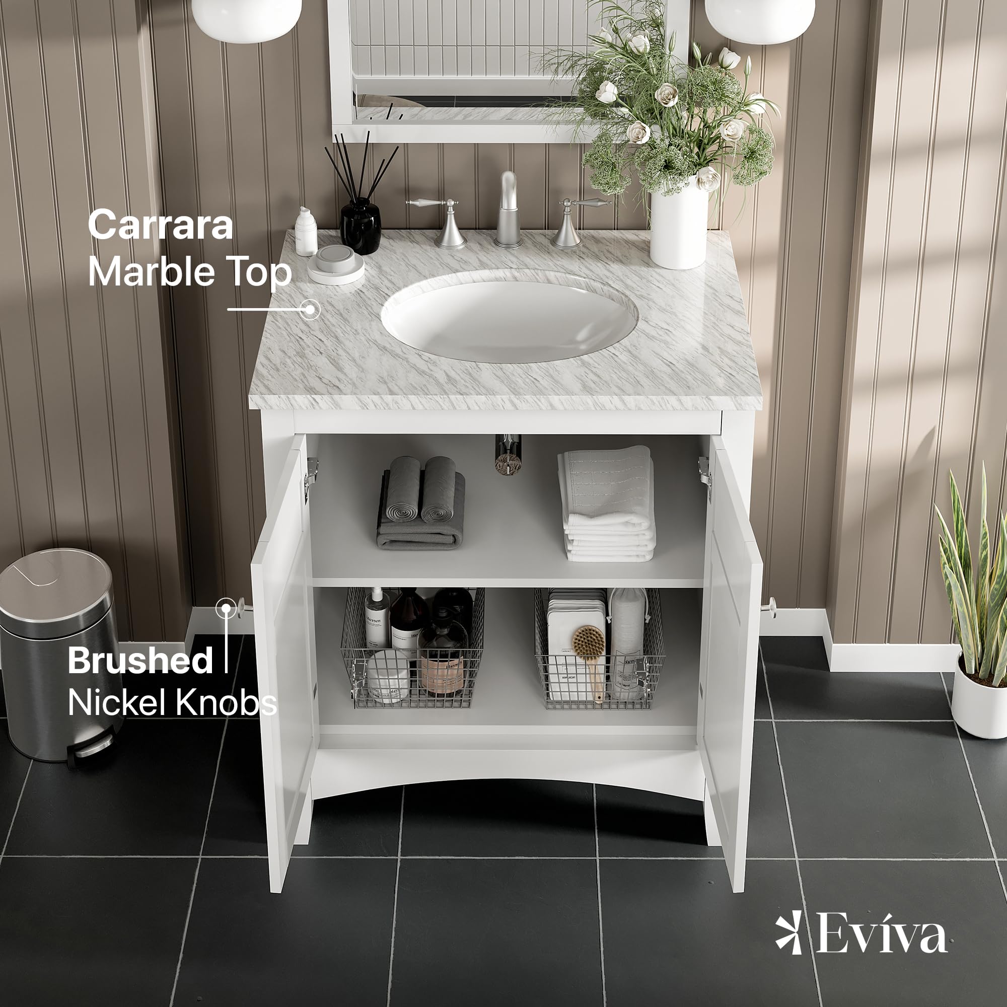 Eviva 30 Inch White Bathroom Vanity - Solid Wood Bathroom Sink Cabinet with Mirror, Modern Bathroom Vanity Set for Small Spaces | Perfect for Master Bath, Guest Bath & Apartment Renovation