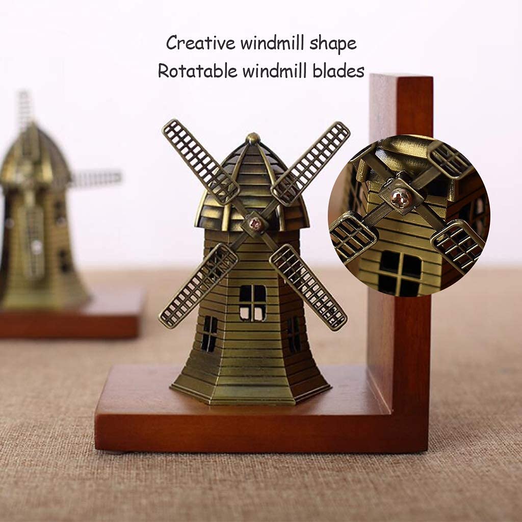 Stylish Wooden Bookends for Study & Office - Adjustable Non-Slip Book Holders, Windmill Design Desktop Decor (Brown, 14x10x17cm, Set of 2) - Perfect for Bookshelves, Home Decor & Workspace Organization