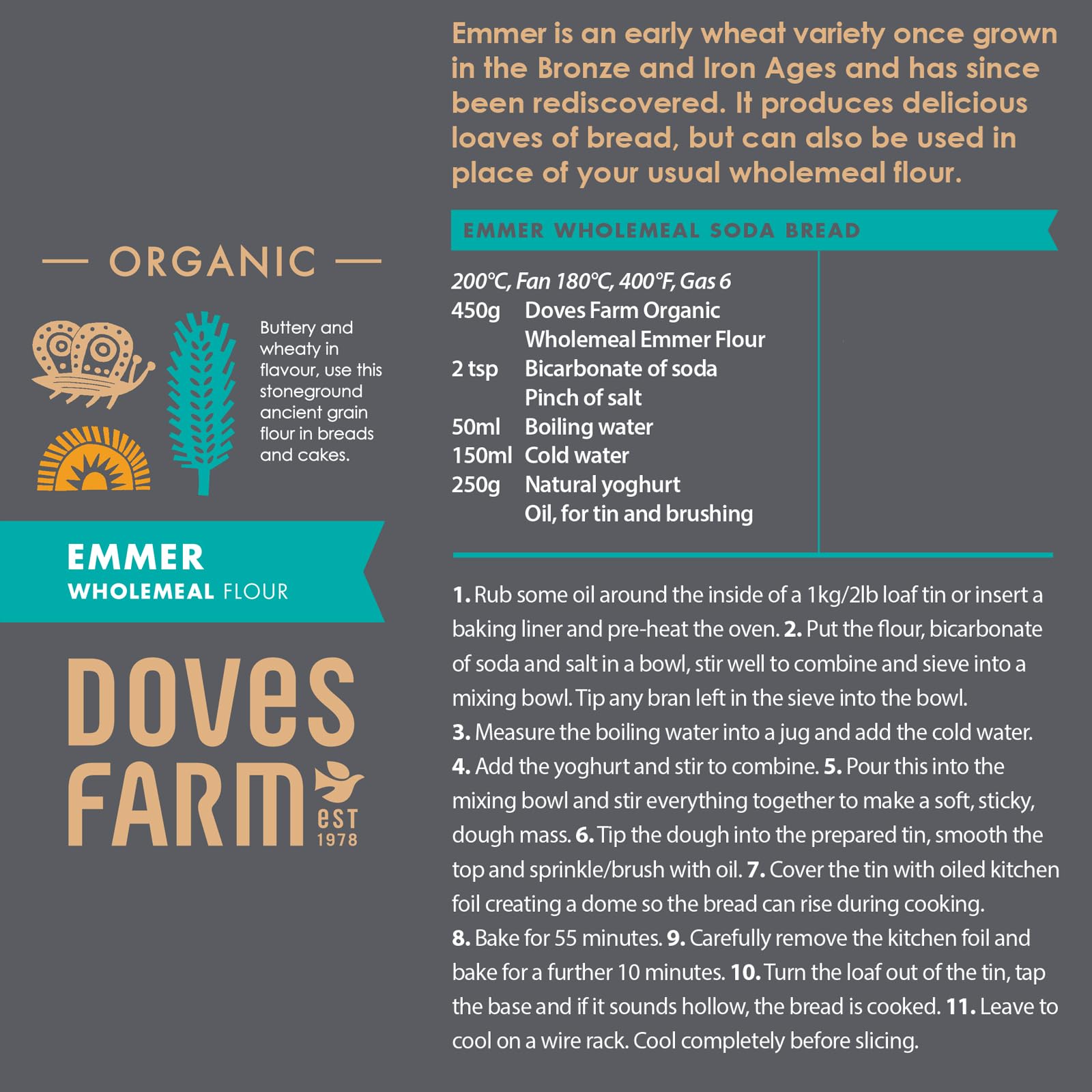Organic Emmer Wholemeal Flour by Doves Farm | Stoneground Whole Wheat Flour for Bread & Cake Baking | High in Fiber & Protein | Traditional British Flour | Kosher & Vegan Certified | 35.27 Oz (1kg) | Perfect for Artisan Bread, Sourdough, Muffins & Healthy Baking