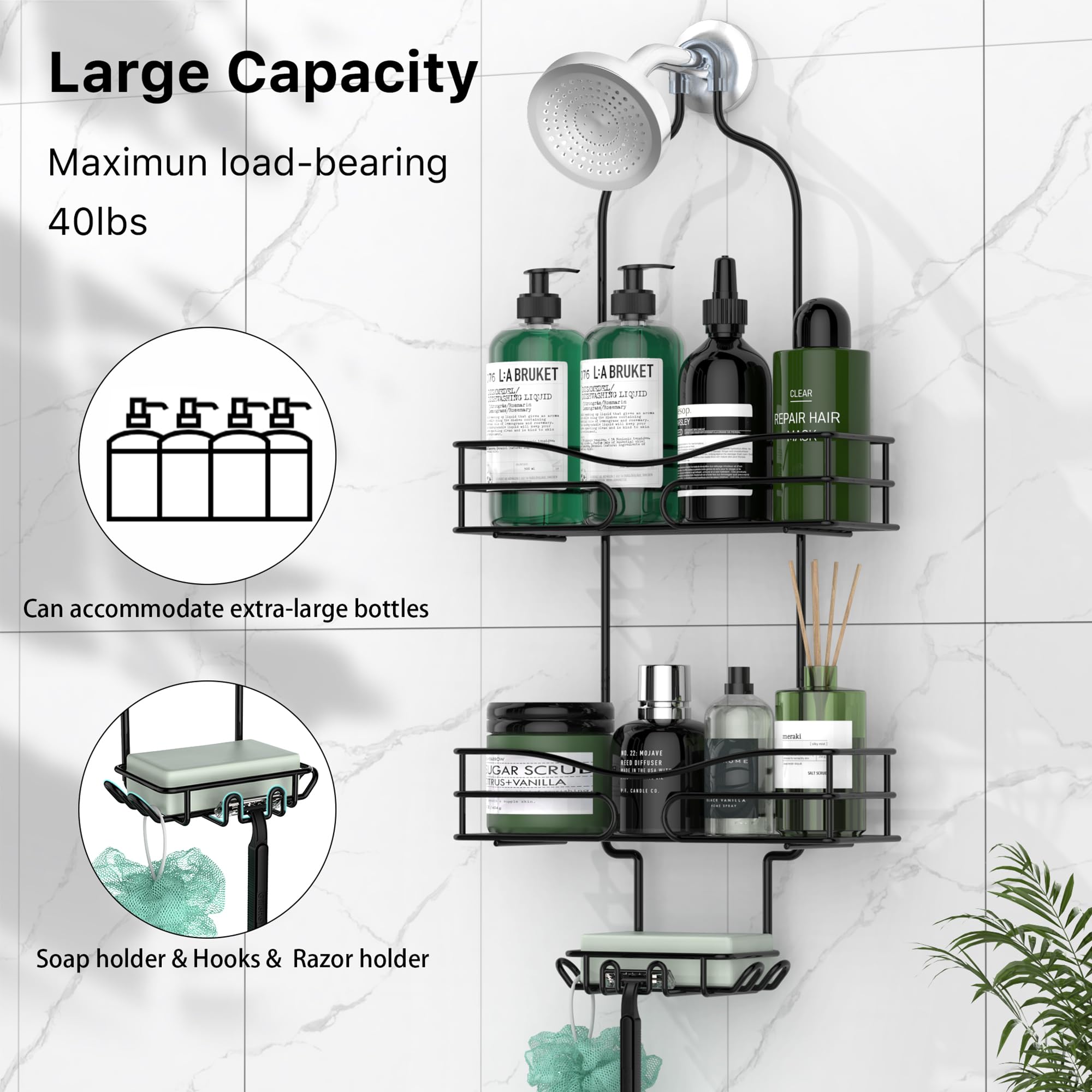 3-Tier Hanging Shower Caddy Organizer with Soap Holder & 6 Hooks - Bathroom Storage for Towels, Sponge & Toiletries - Fits 21mm Shower Head Arm - Space Saving Black Shower Shelf (Perfect for Small Bathrooms & Dorm Showers)