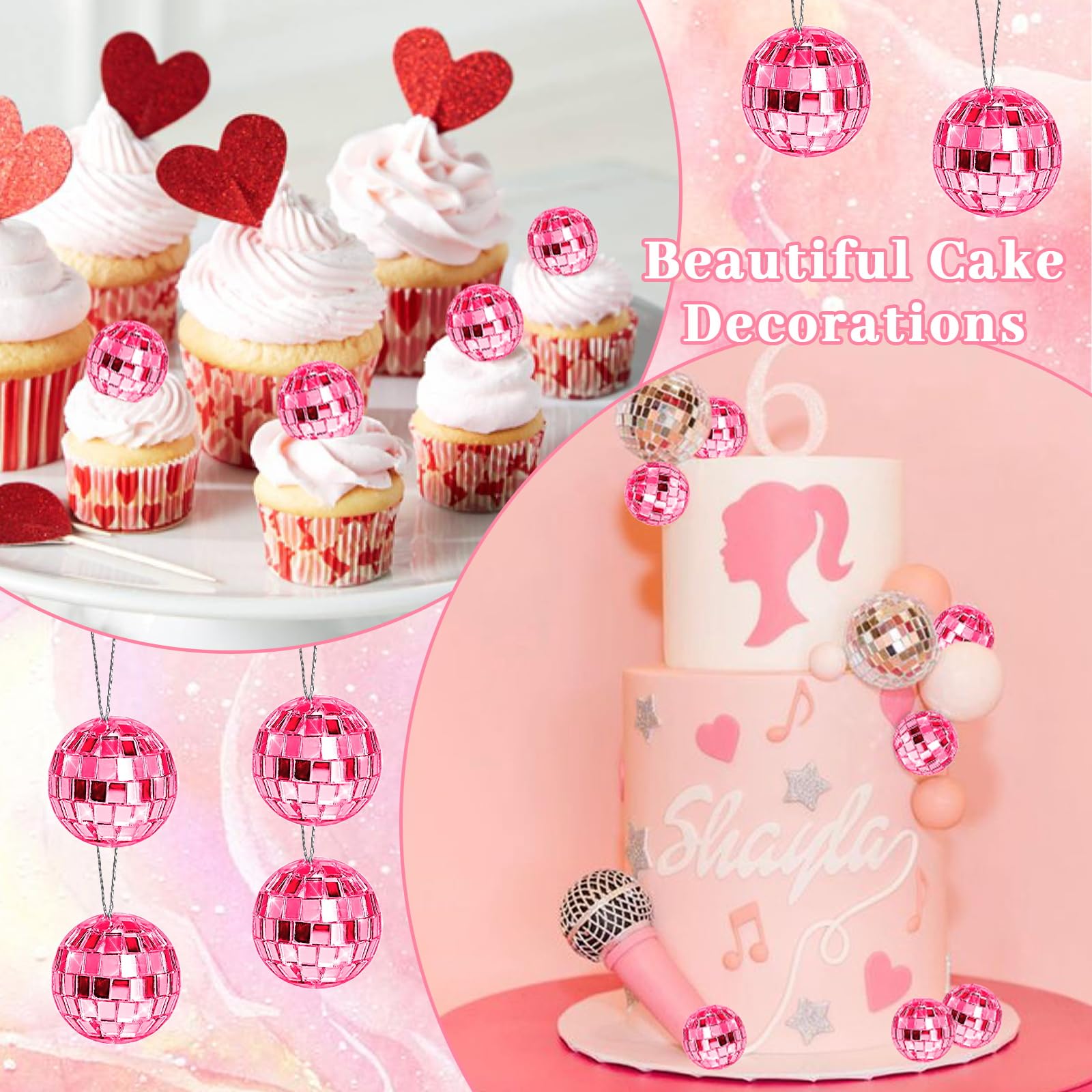 24-Pack Pink Disco Ball Decorations - Mini Hanging Mirror Balls with Rope for Christmas Tree, Wedding, Dance Party & Music Festival Decor | Cake Topper & Home Disco Lighting