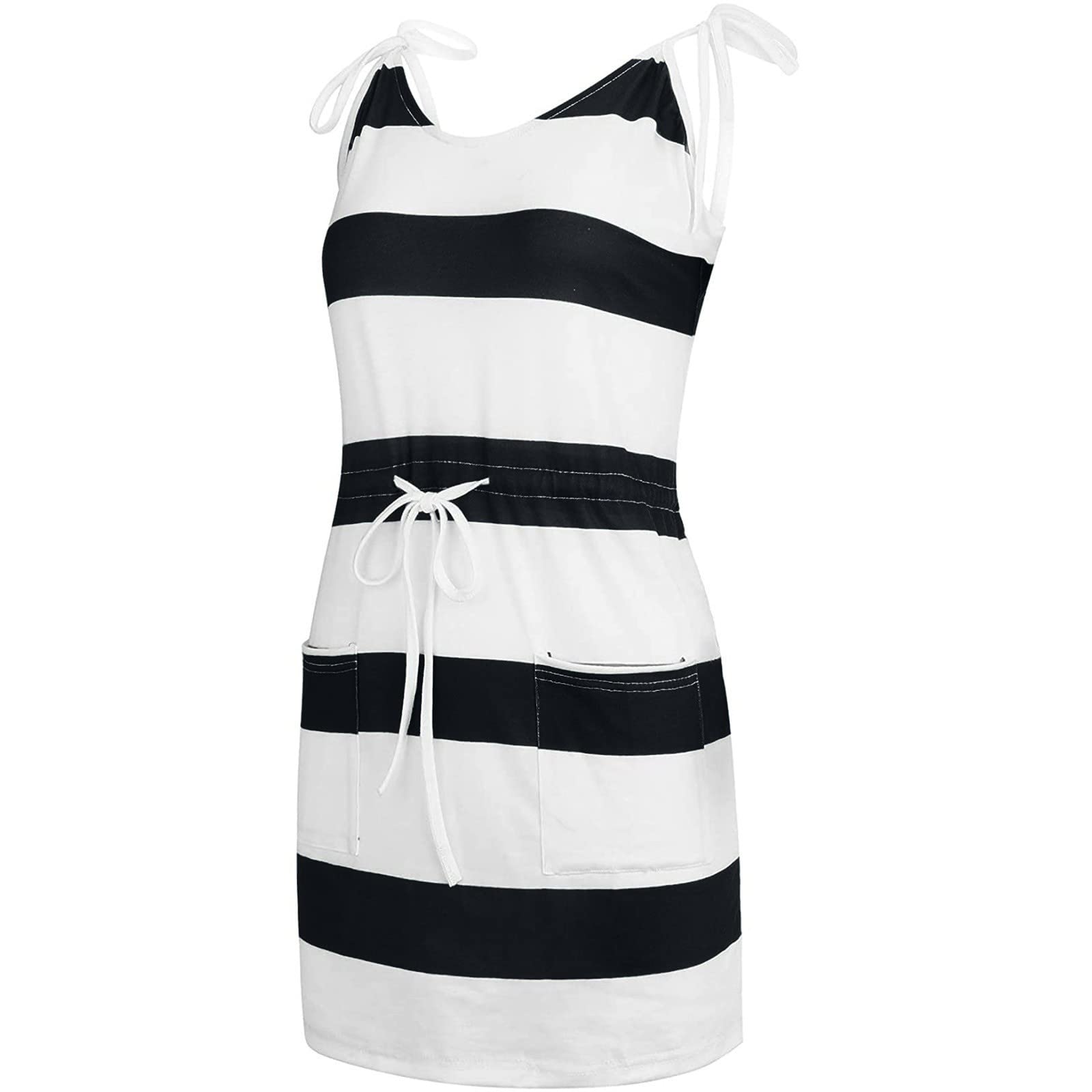 Women's Casual Cocktail Dress - Sleeveless Striped Mini Dress with Pockets for Summer, Beach & Party Wear | Perfect for Outdoor Events, Vacations & Night Out