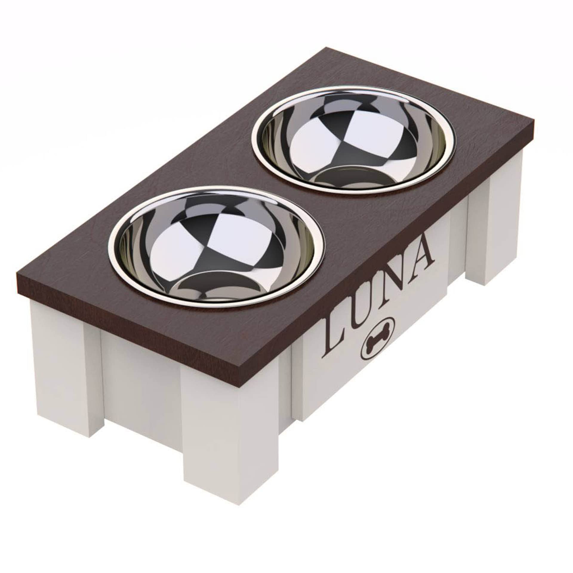 Personalized Elevated Dog Bowl Stand for Large, Medium, Small & X-Small Dogs - Stainless Steel Raised Pet Food & Water Bowls with Storage - Adjustable Height Dog Dish Feeder (X-Small, Dark Walnut) - Perfect for Kitchen, Living Room or Outdoor Use