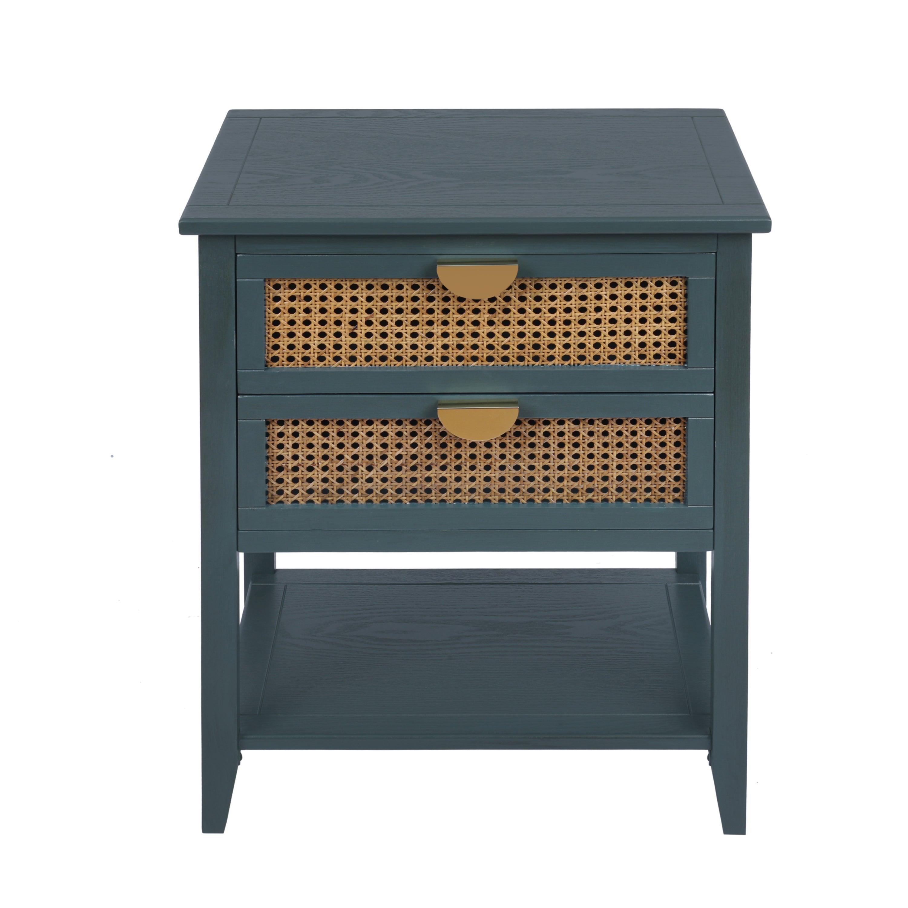 2 Drawer Rattan Side Table - Natural Woven End Table for Bedroom, Living Room, Study - Perfect Nightstand & Coffee Table for Small Spaces