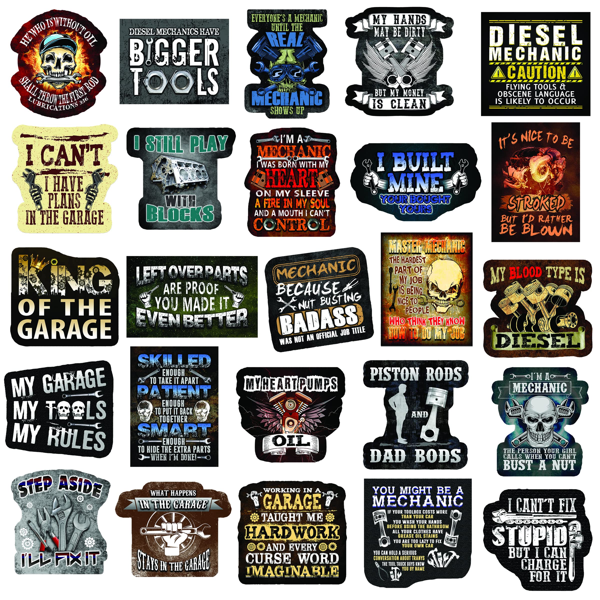 Kakembo Mechanic Stickers and Decals - 25-Pack Durable Vinyl Toolbox & Garage Decoration for Cars, Laptops, Water Bottles - Perfect for DIY Enthusiasts and Automotive Lovers
