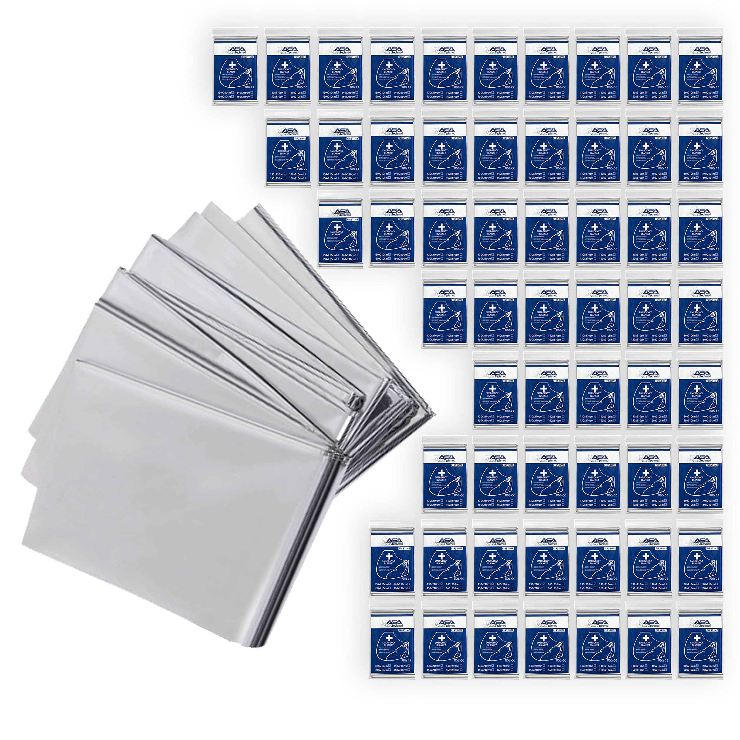 ASA TECHMED Emergency Blanket - 50 Pack Silver Foil Thermal Blankets for Survival, Camping, Hiking & First Aid | Compact Space Blankets for Outdoor Adventures & Emergency Preparedness