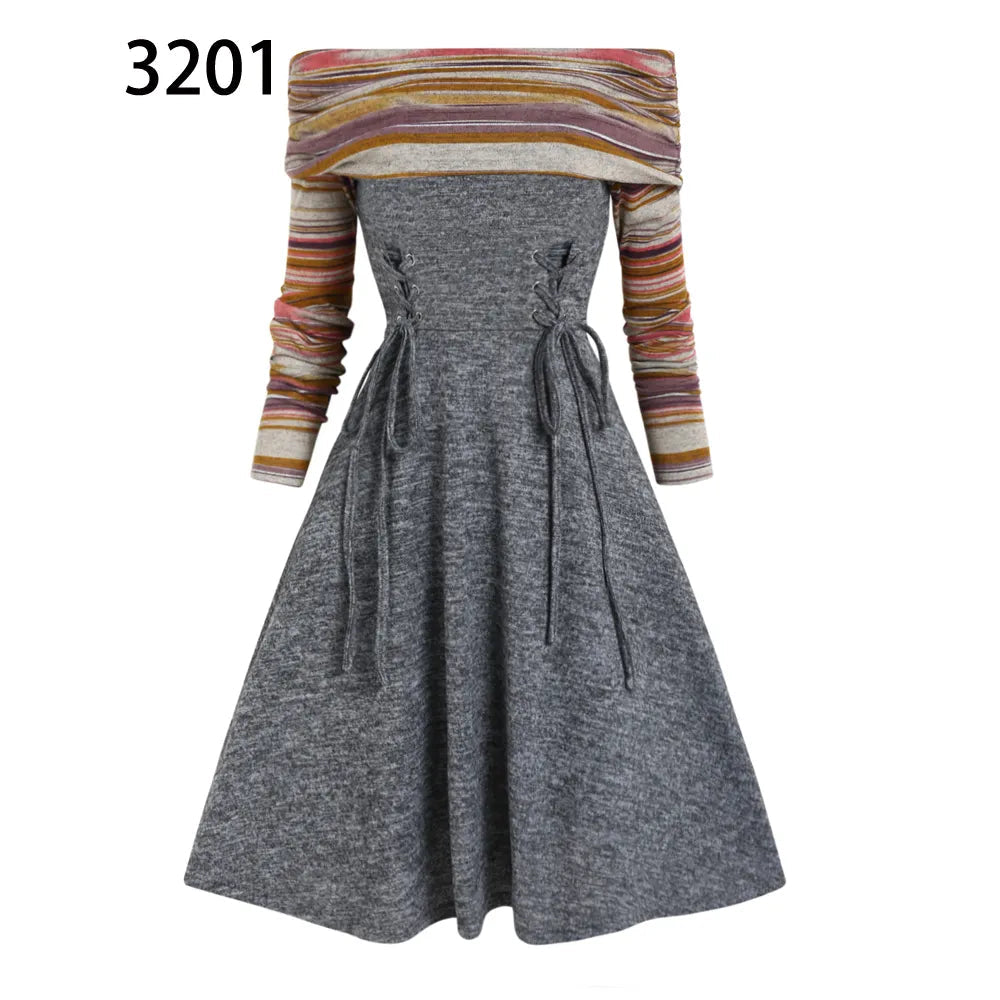 **Women's 2024 Striped Knit Convertible Dress - Off Shoulder, Long Sleeve, Cinched Waist & Flare Hem | Perfect for Date Night, Parties & Casual Outings**